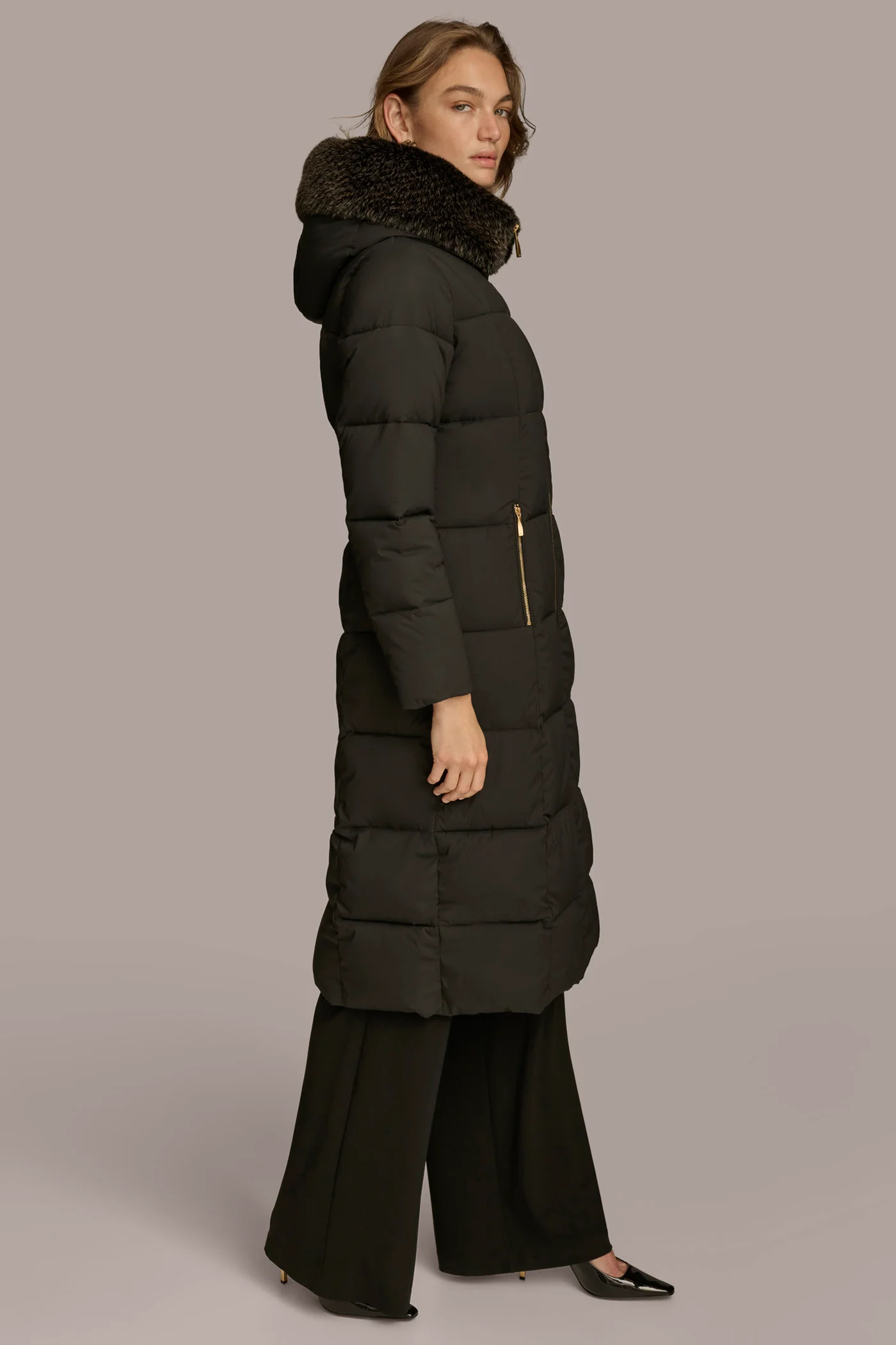 Long Hooded Puffer Coat with Faux Fur Trim