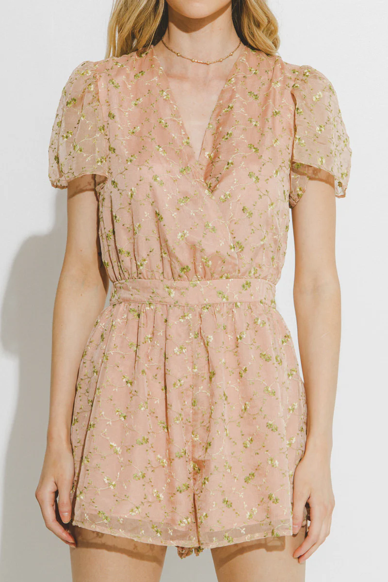 Flower Embroidered Ruffle Sleeve Romper