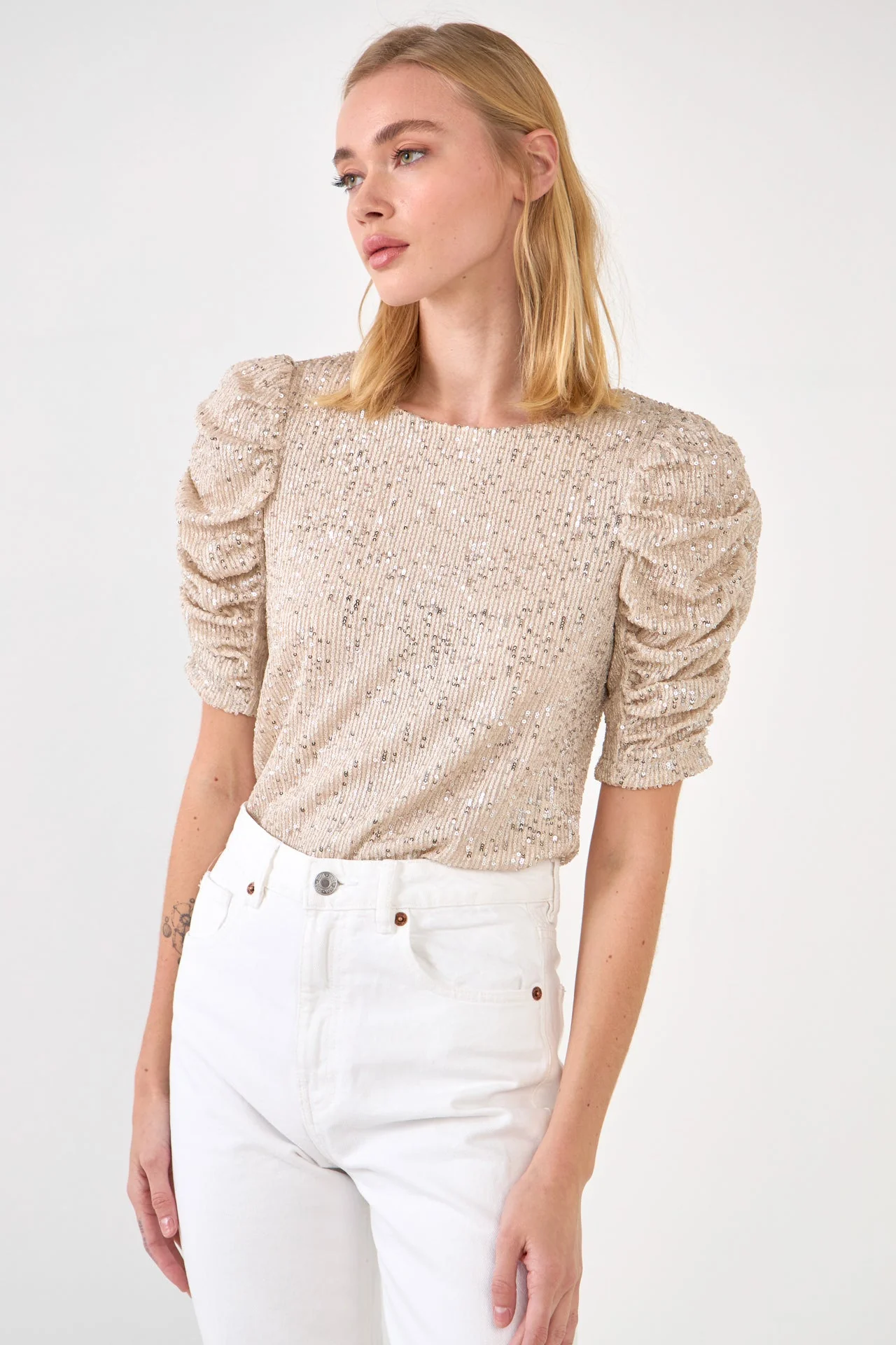 Sequin Shirred Sleeve Top