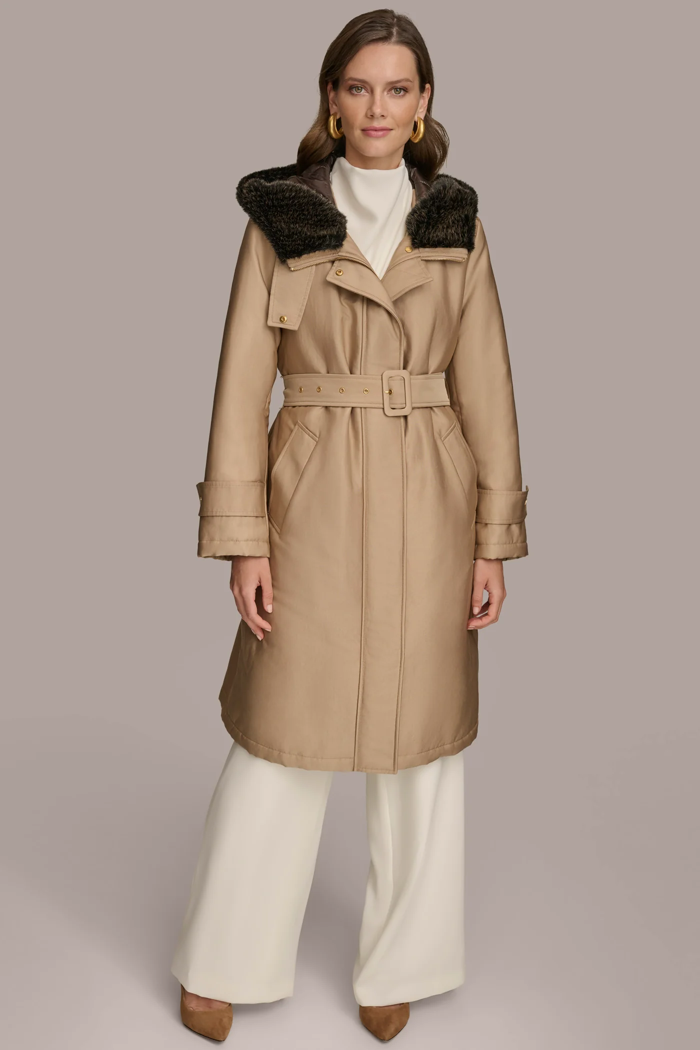 FAUX FUR TRIM LINED RAIN COAT