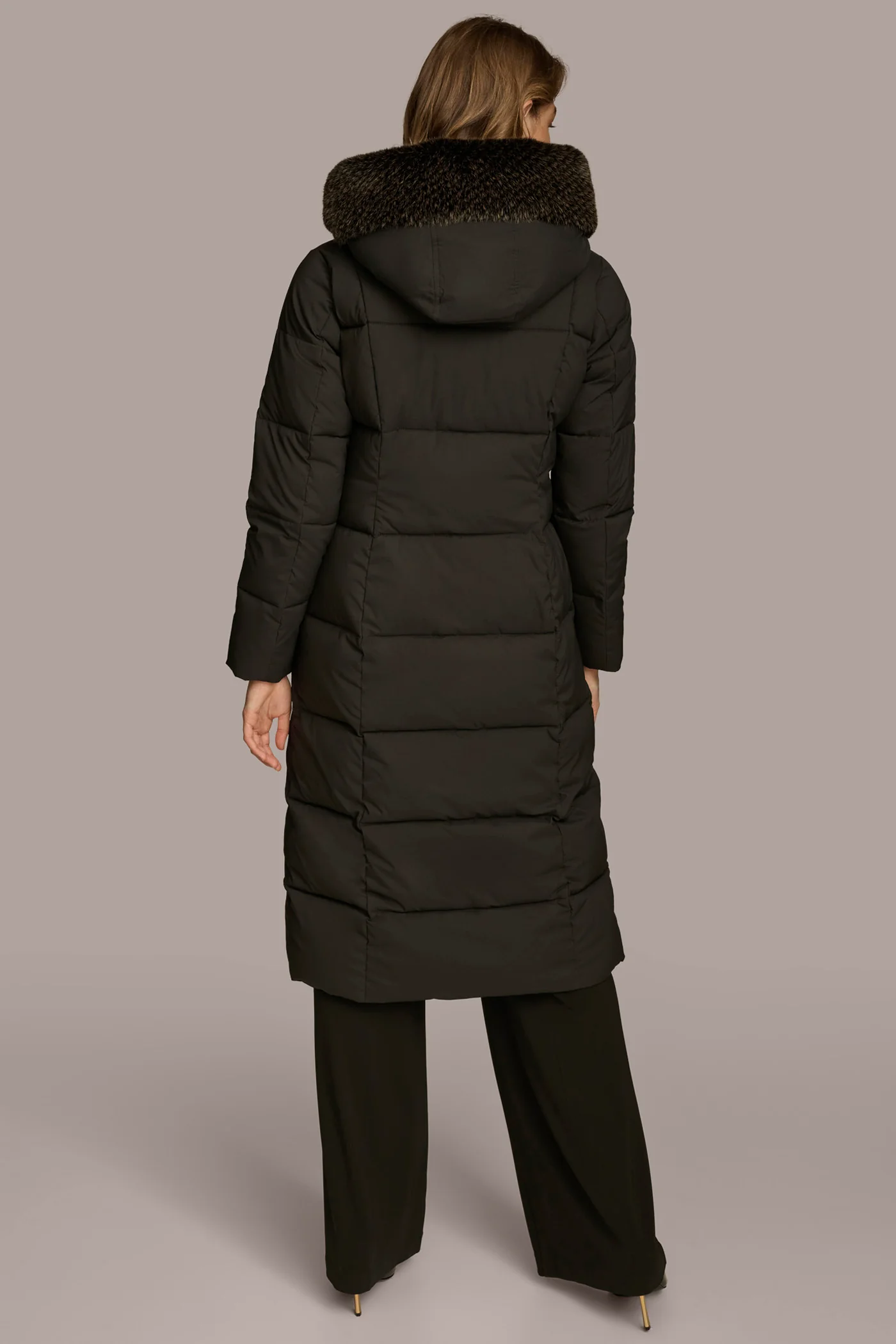Long Hooded Puffer Coat with Faux Fur Trim