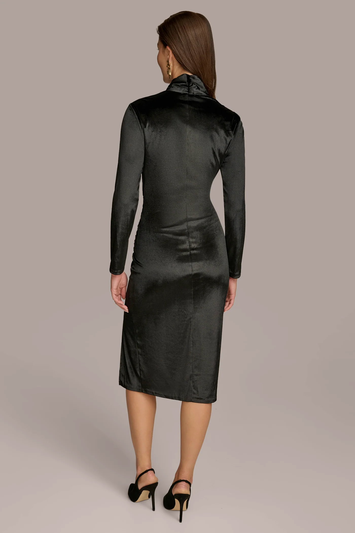 VELVET ASYMMETRICAL NECK SHEATH DRESS
