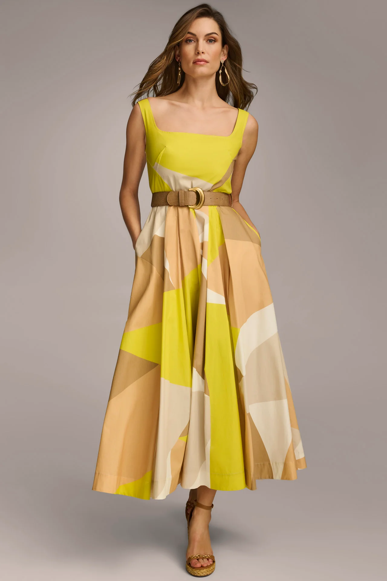 COLORBLOCK BELTED FIT AND FLARE DRESS