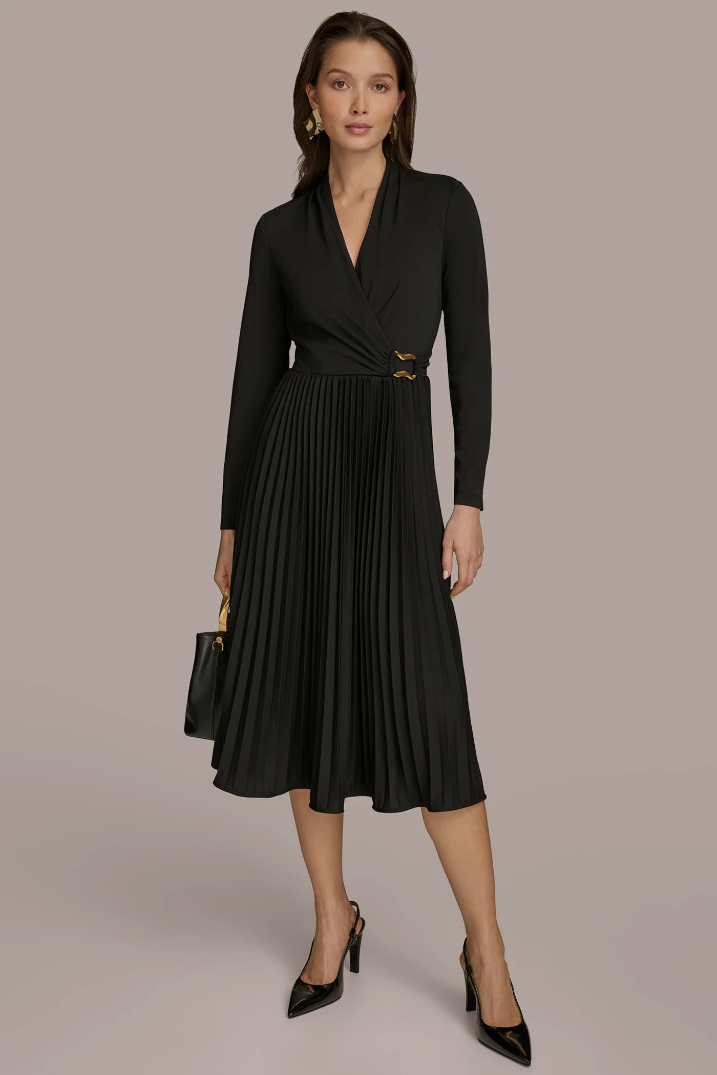 VNECK PLEATED SKIRT MIDI DRESS