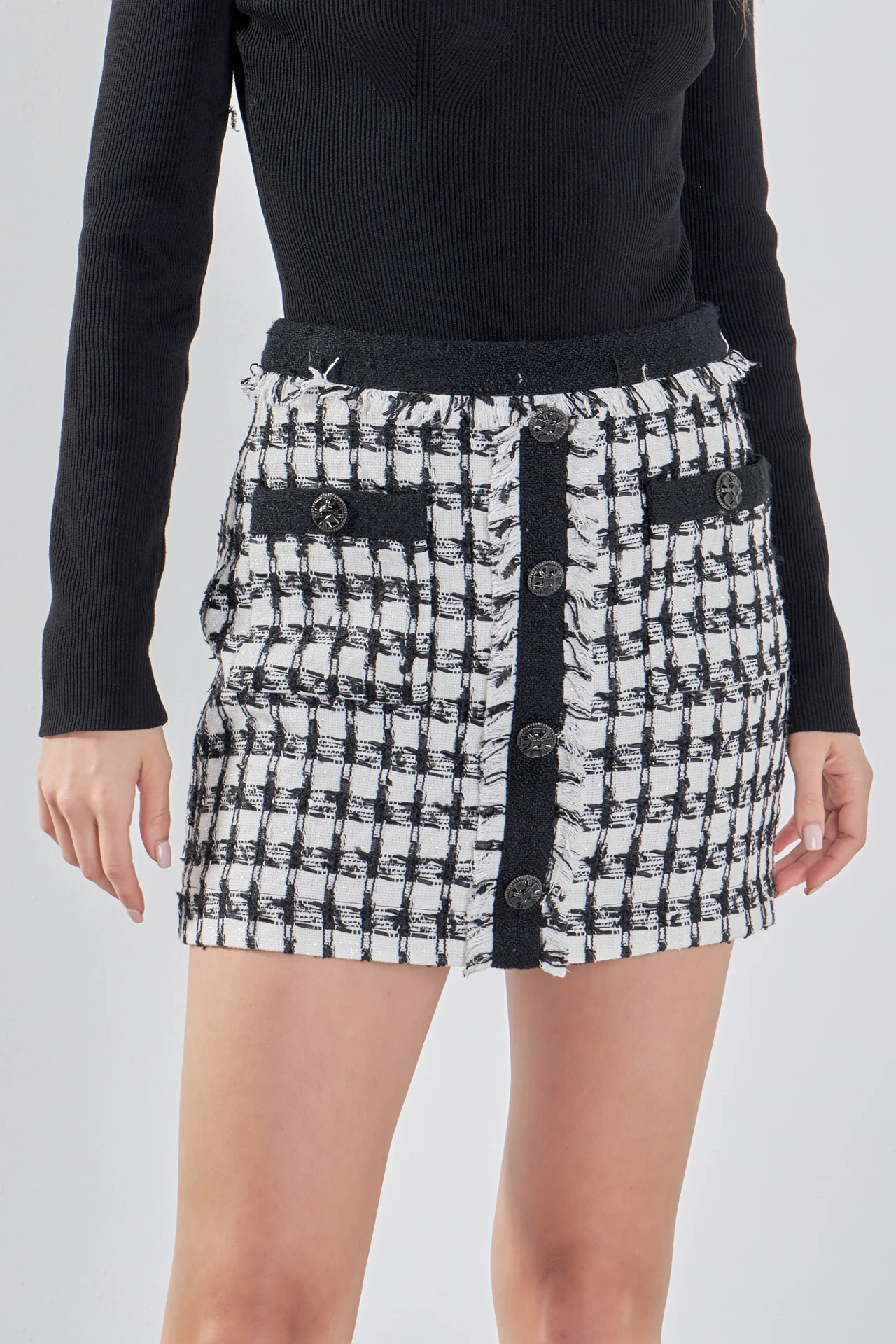 Premium Tweed Mini Skirt With Fringe