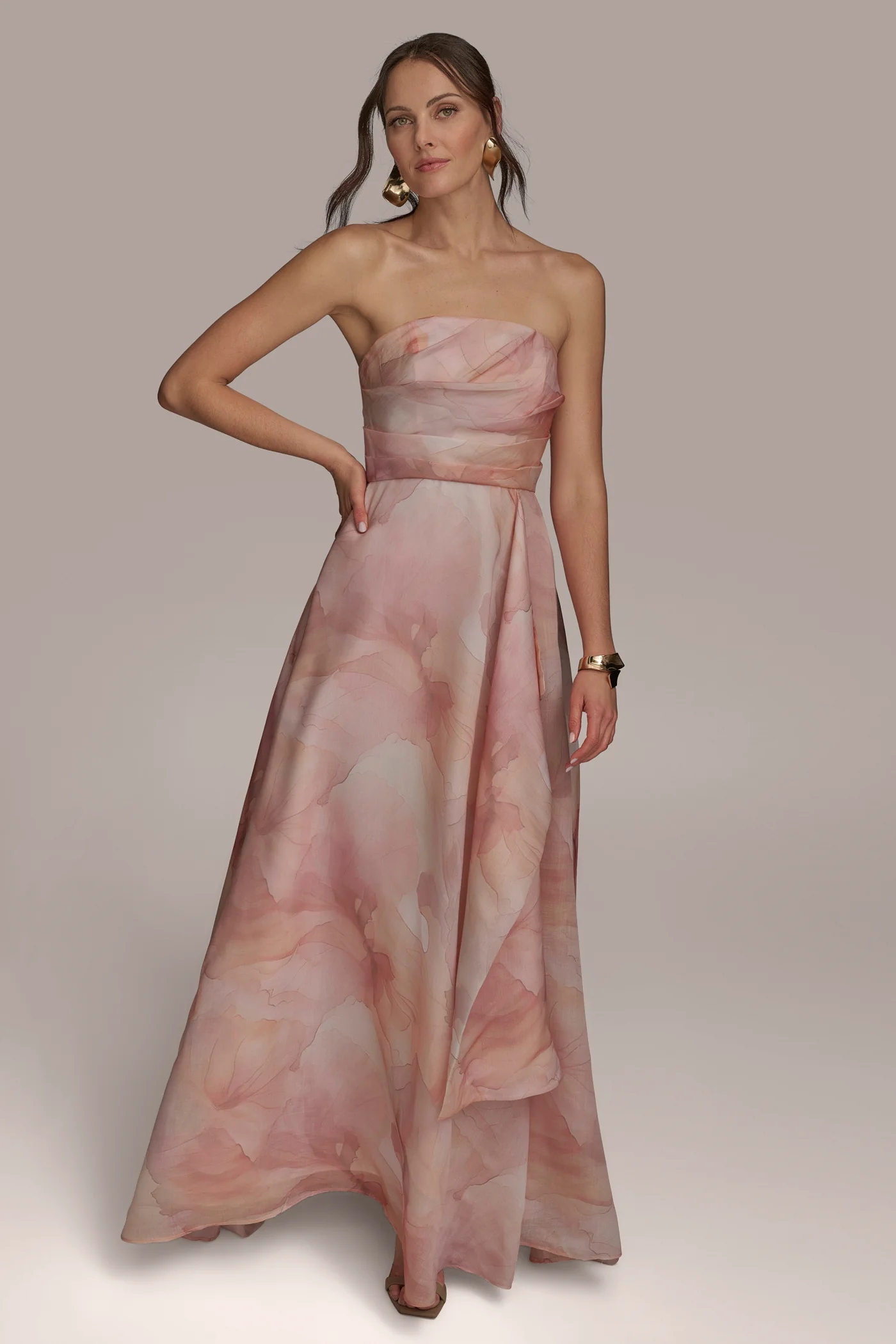 STRAPLESS DRAPED ORGANZA BALL GOWN
