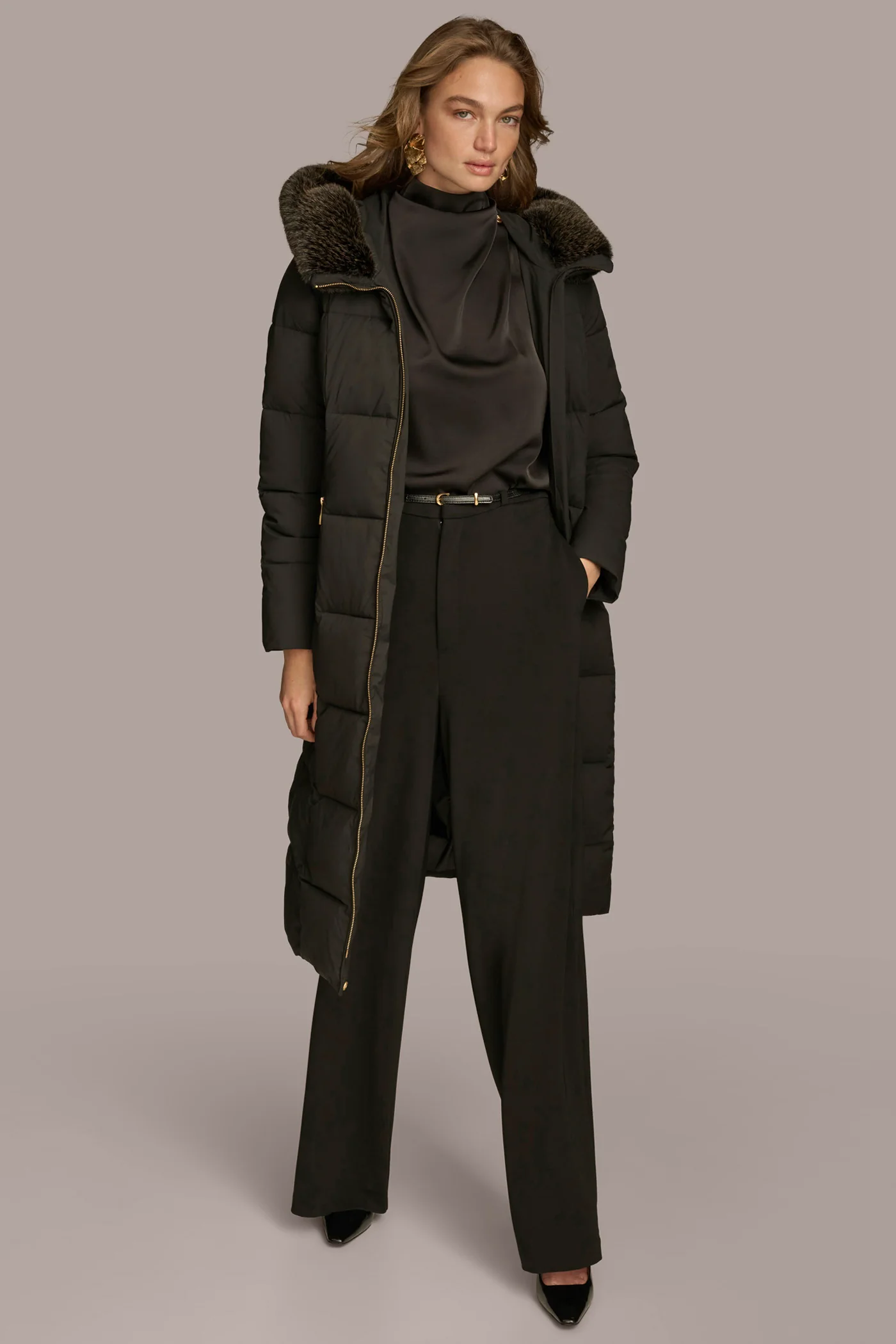 Long Hooded Puffer Coat with Faux Fur Trim