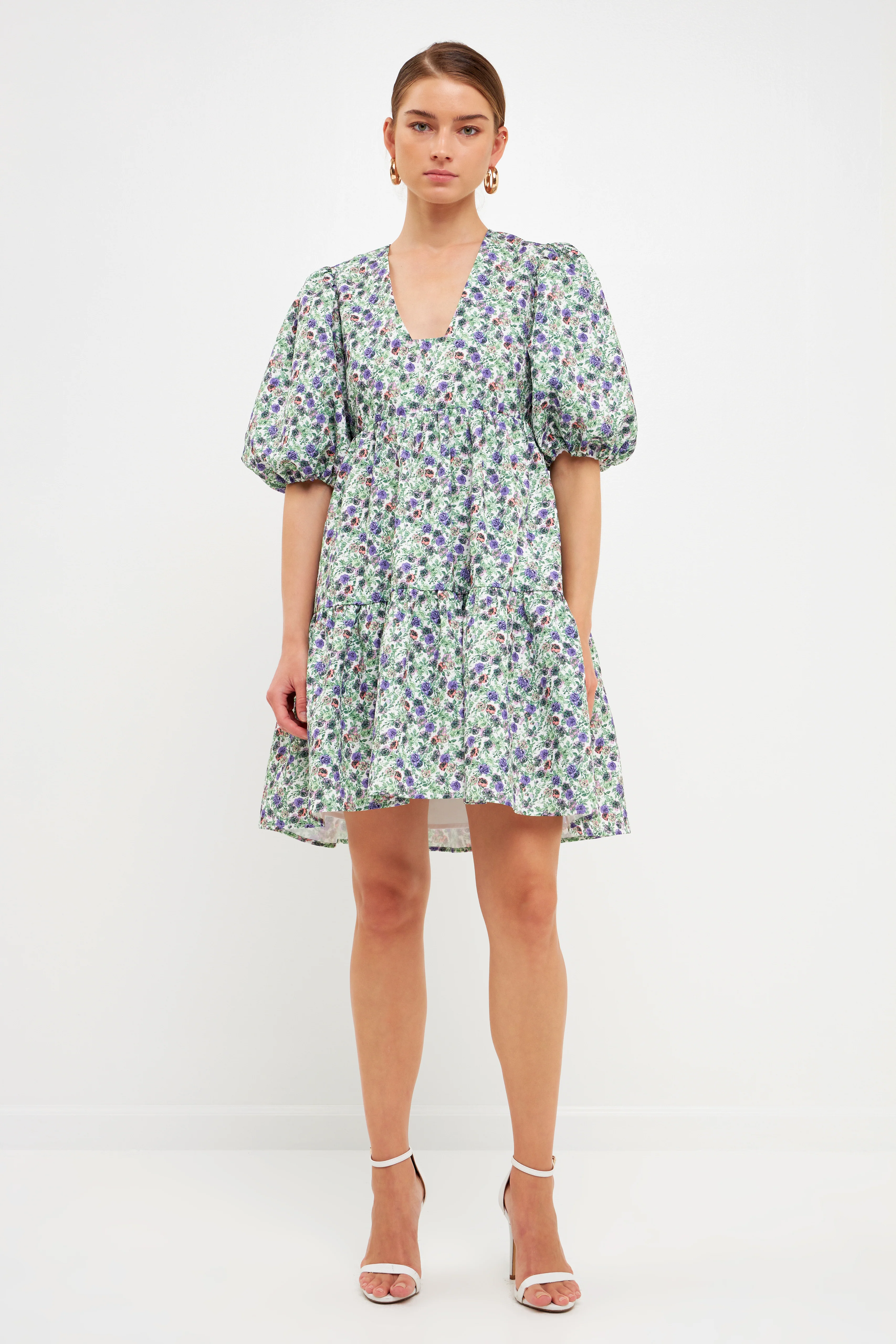 Floral Puff Sleeve Jacquard High Low Dress