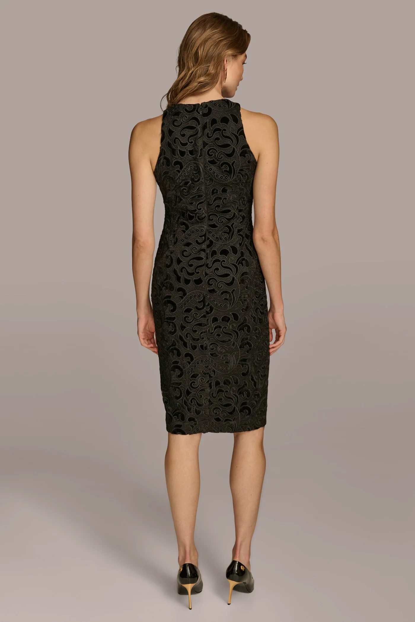 LACE VELVET BURNOUT SHEATH DRESS