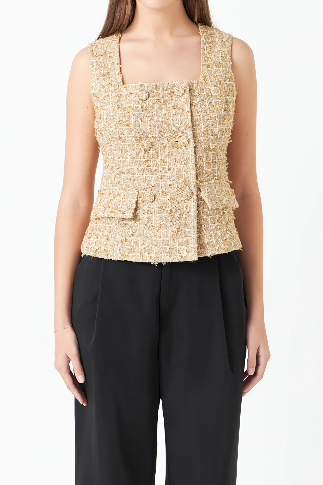 Gold Tweed Double Button Top