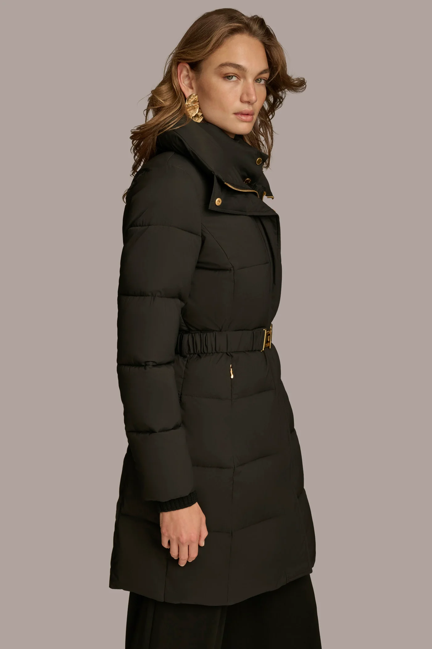 Long Hooded Bib Front Belted Puffer Coat