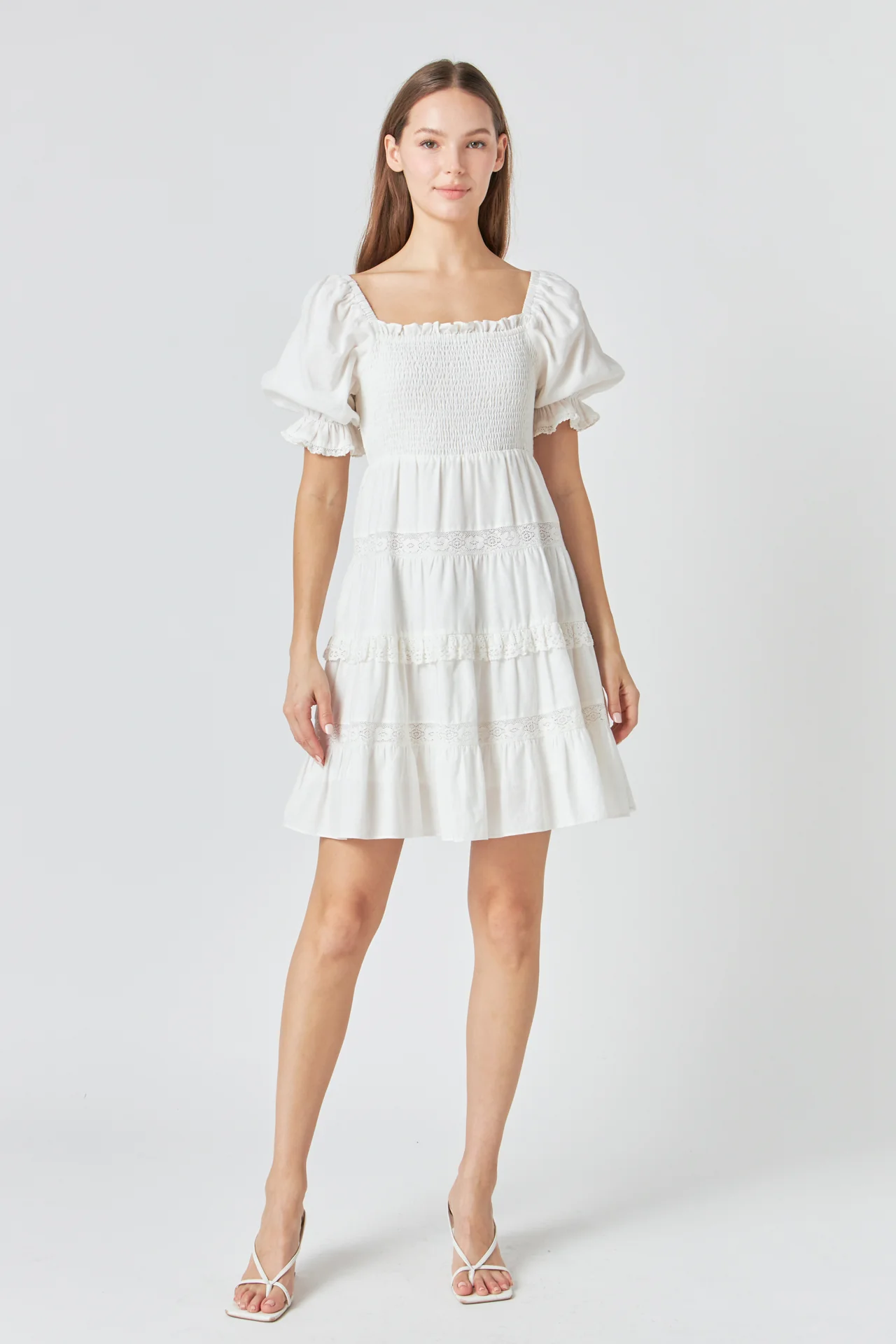 Linen Smocked Mini Dress with Lace