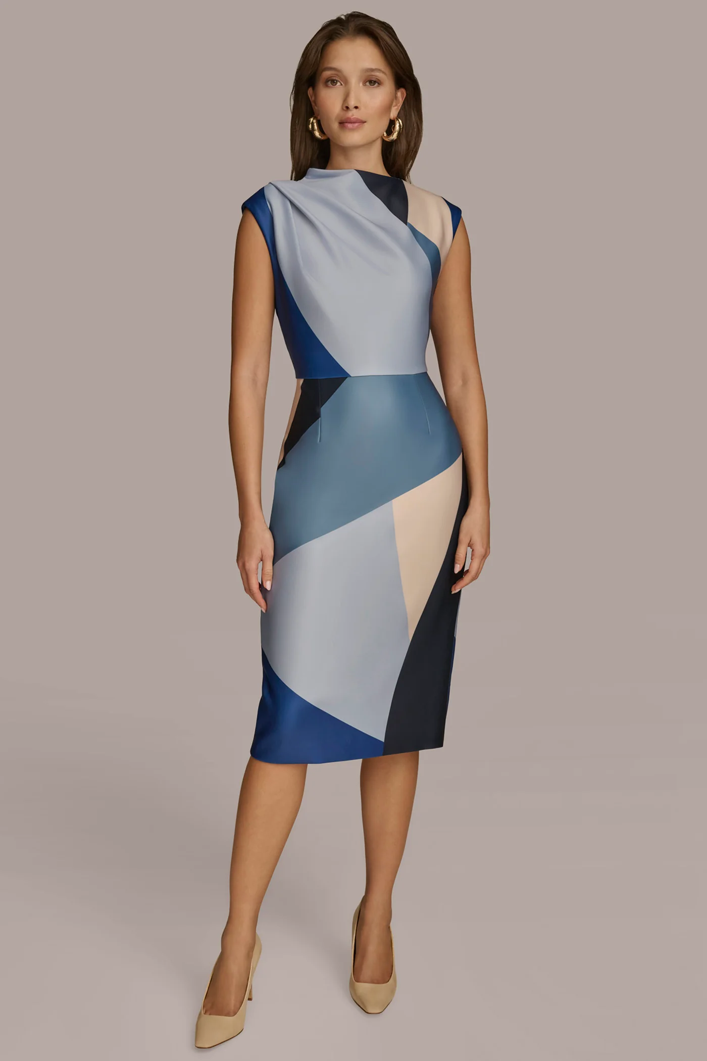 ASYMMETRICAL NECK GEOMETRIC MIDI DRESS