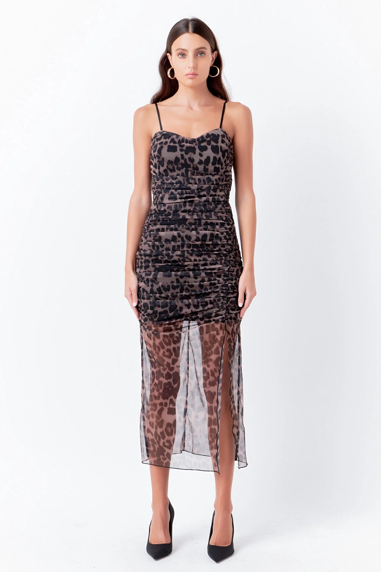 Ruched Mesh Asymmetrical Midi Dress