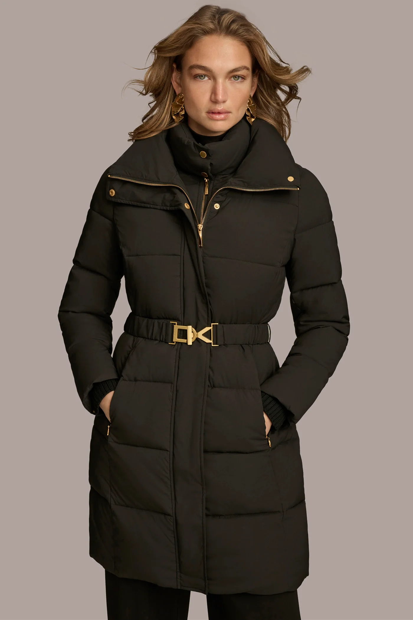 Long Hooded Bib Front Belted Puffer Coat