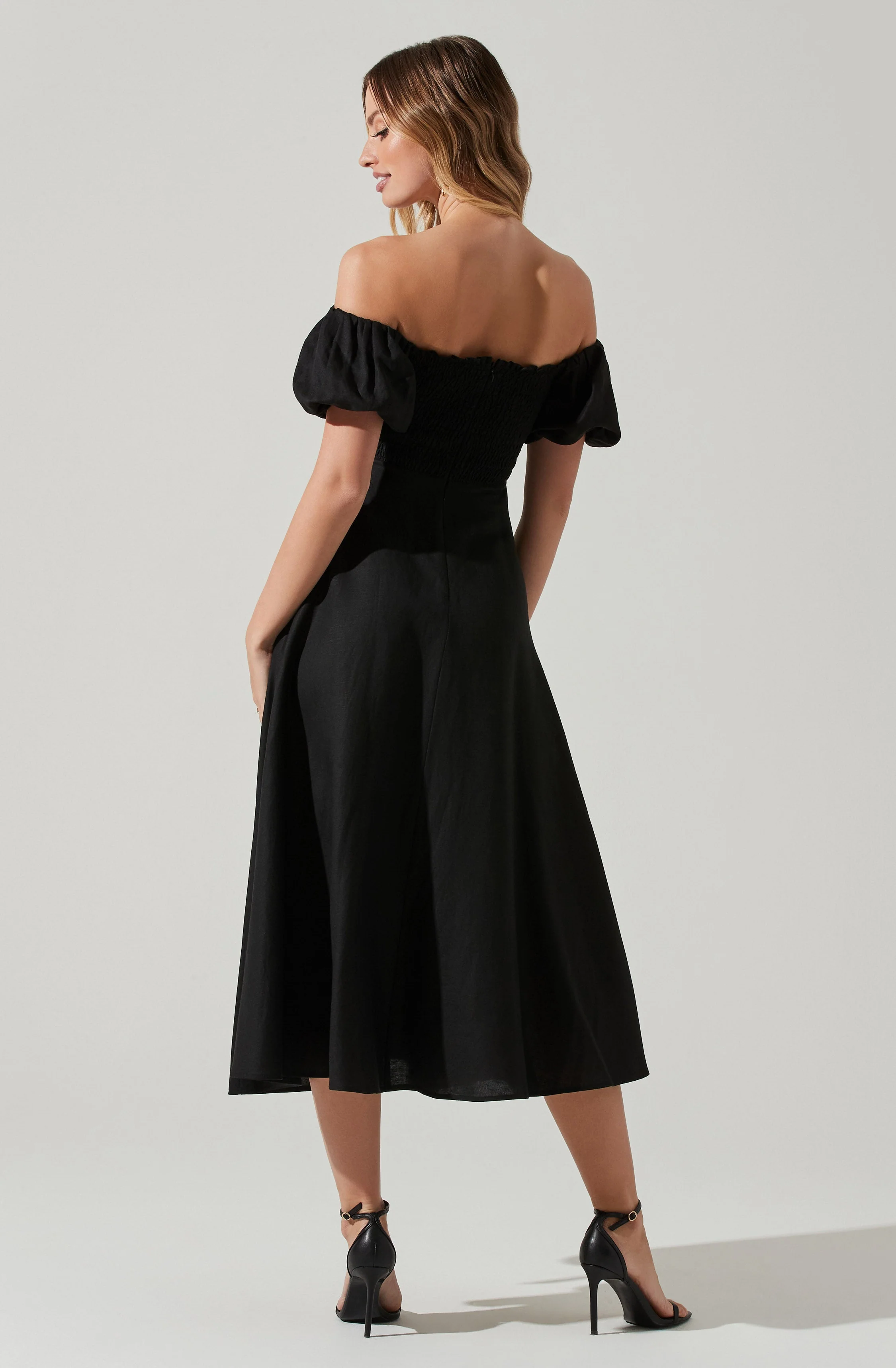 Off Shoulder Puff Sleeve Midi Dress