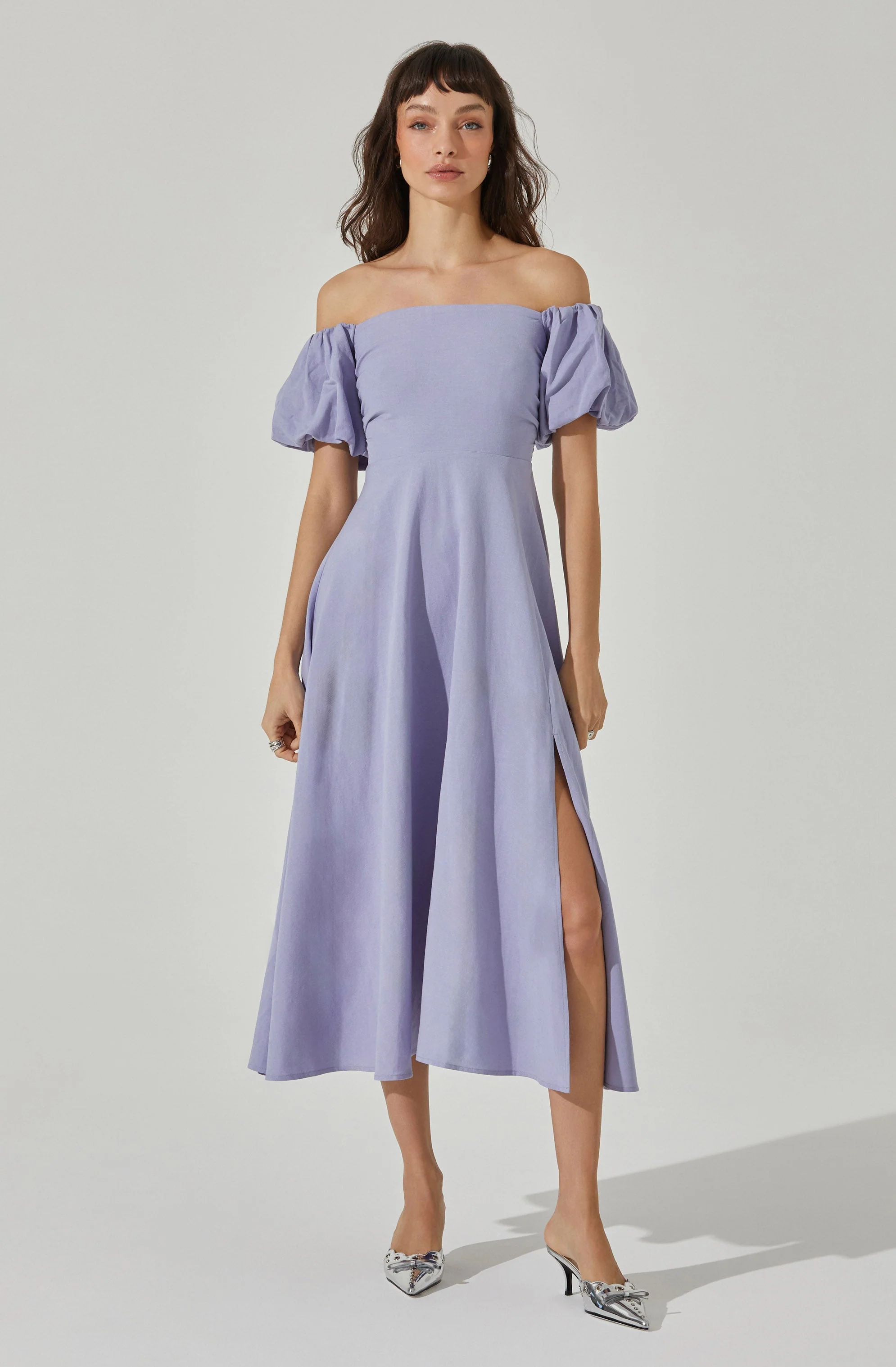 Off Shoulder Puff Sleeve Midi Dress