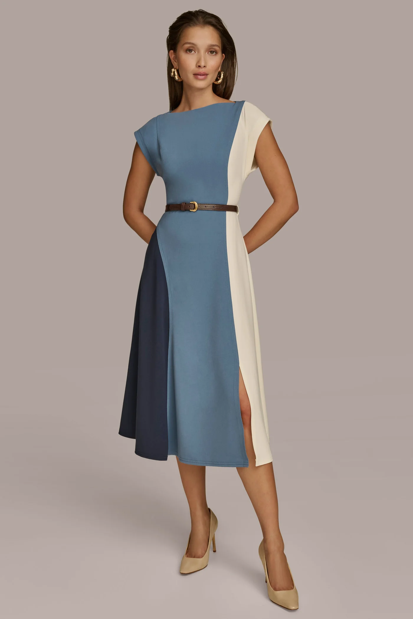 BELTED COLORBLOCK A LINE MIDI DRESS