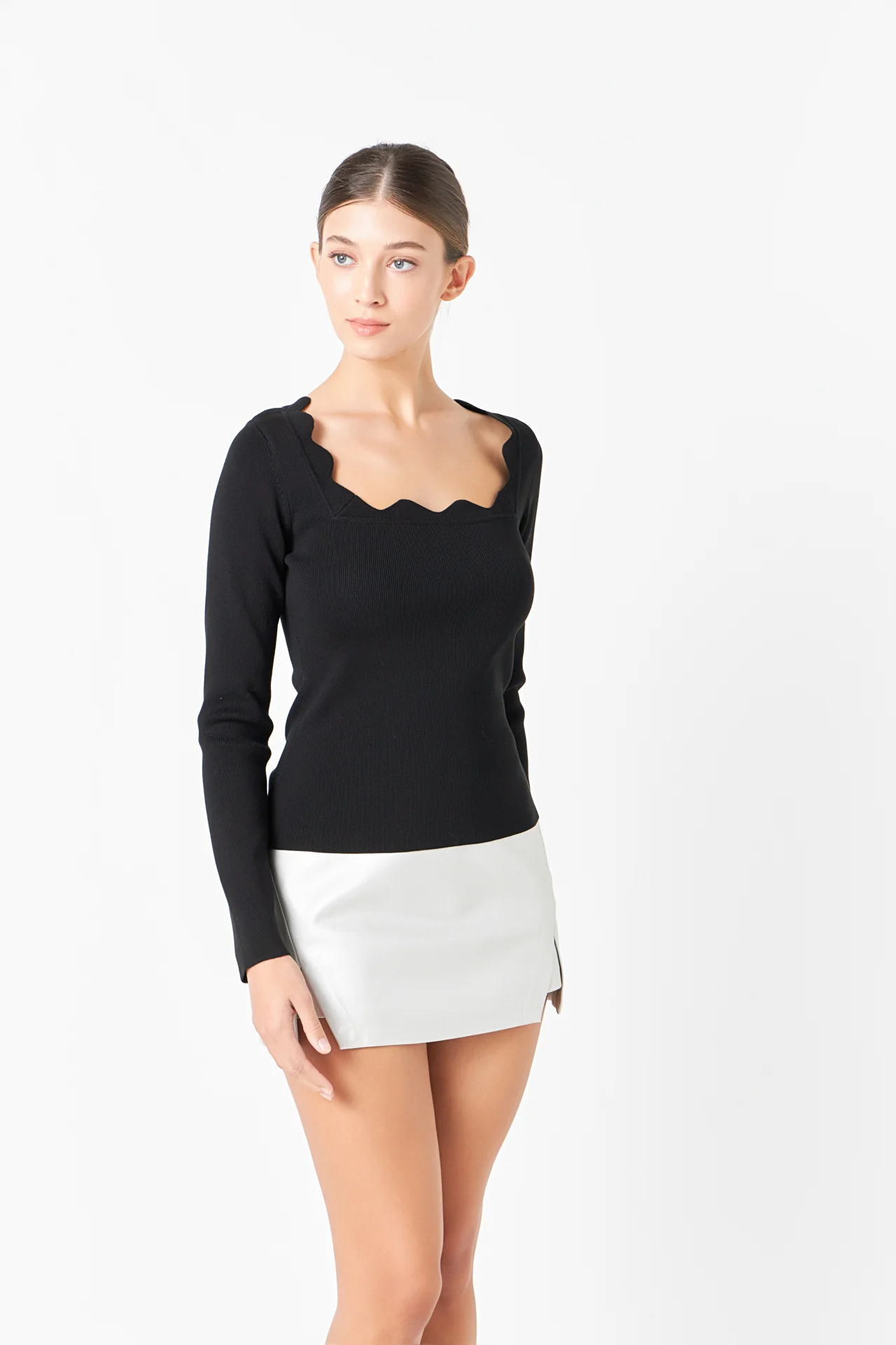 Faux Leather Front Slits Skort
