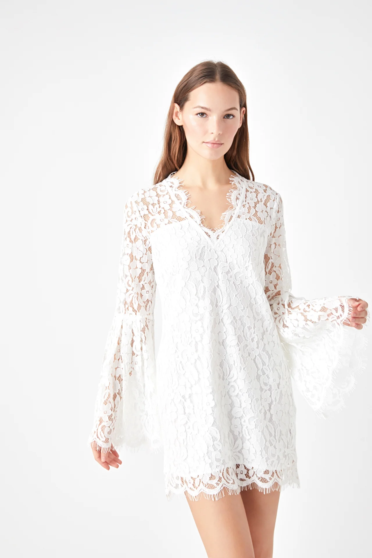 Bell Sleeve V-Neck Lace Dress