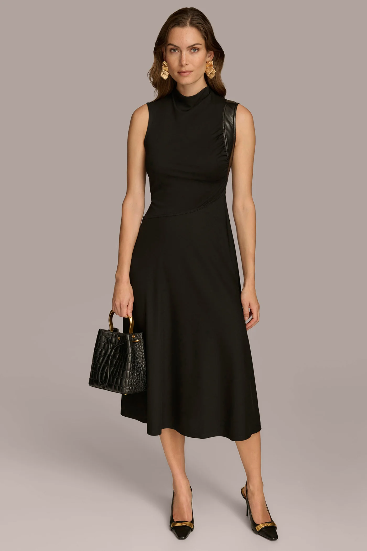 MOCK NECK A LINE MIDI DRESS