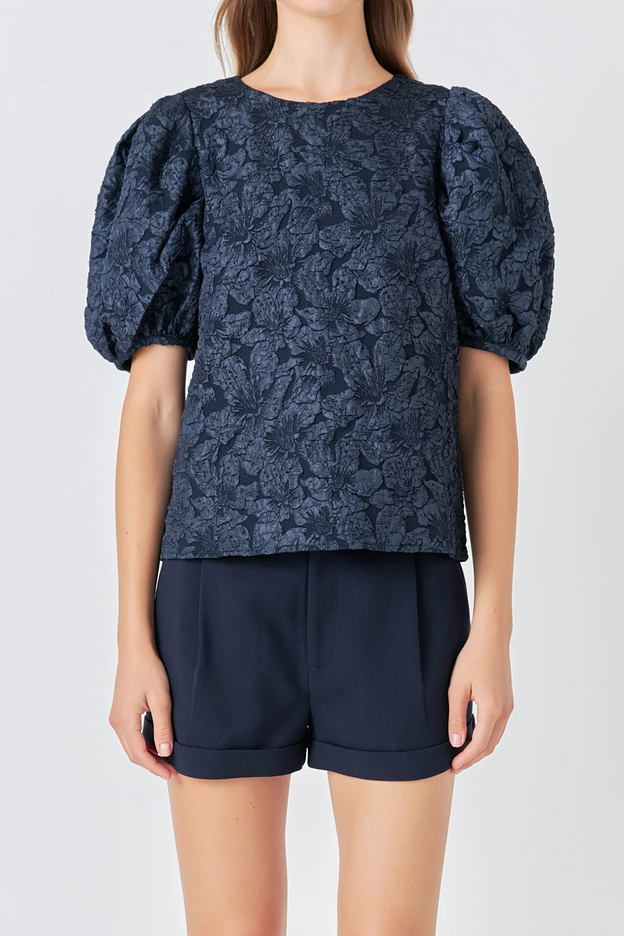 Floral Jacquard Puff Sleeve Top