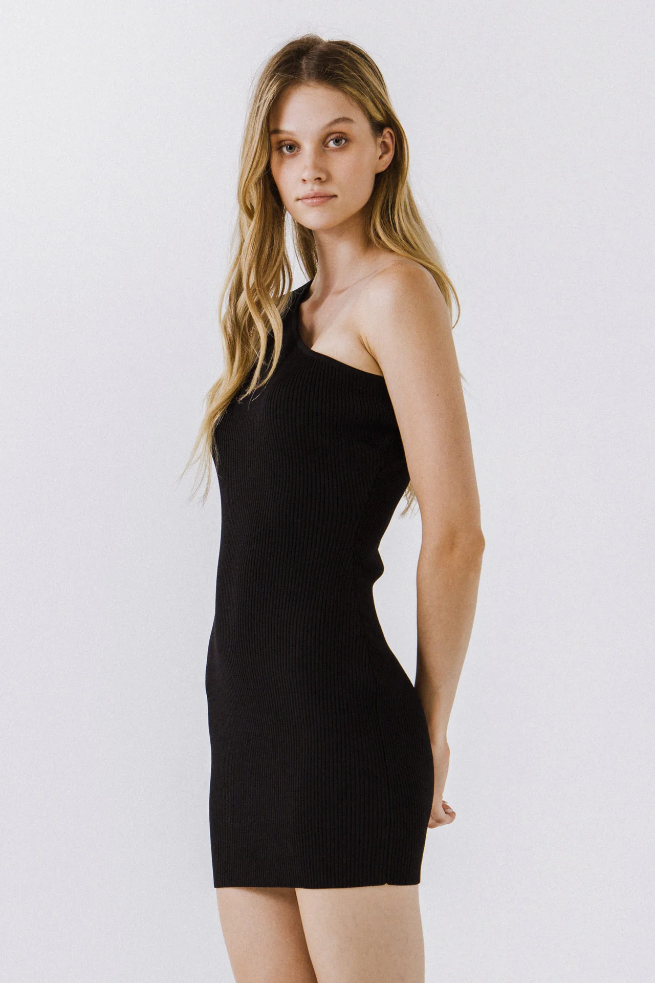 One-Shoulder Ribbed Knit Mini Dress
