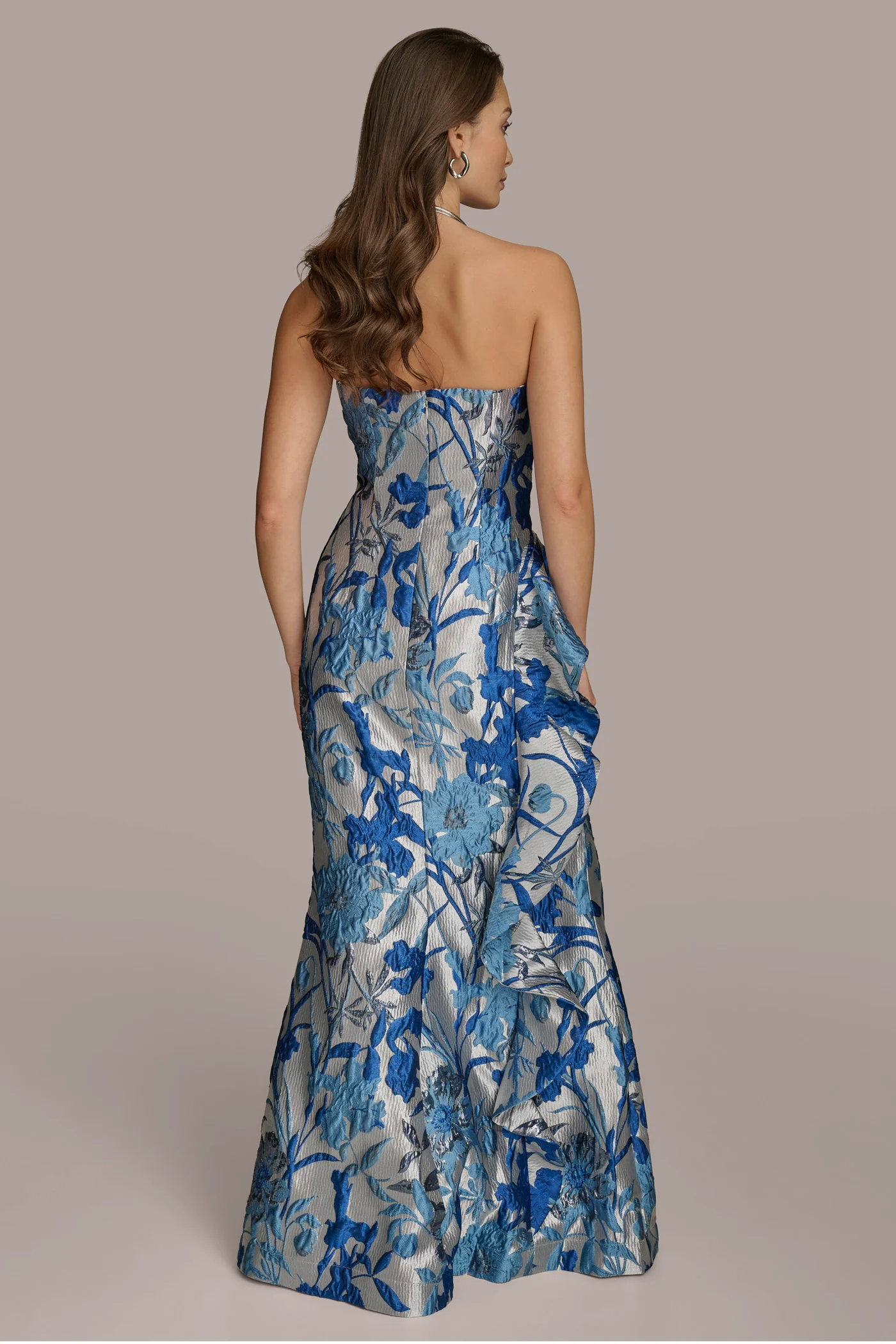 FLORAL JACQUARD WITH SIDE RUFFLE GOWN