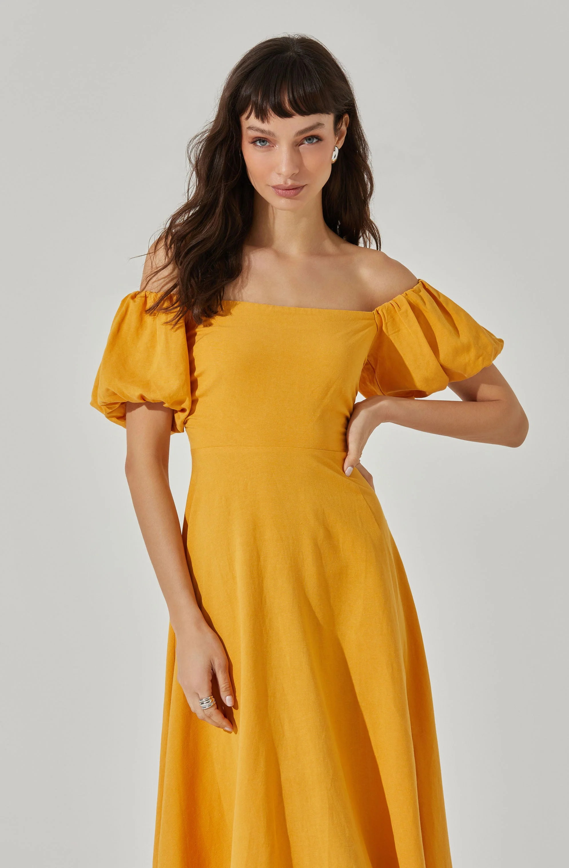 Off Shoulder Puff Sleeve Midi Dress