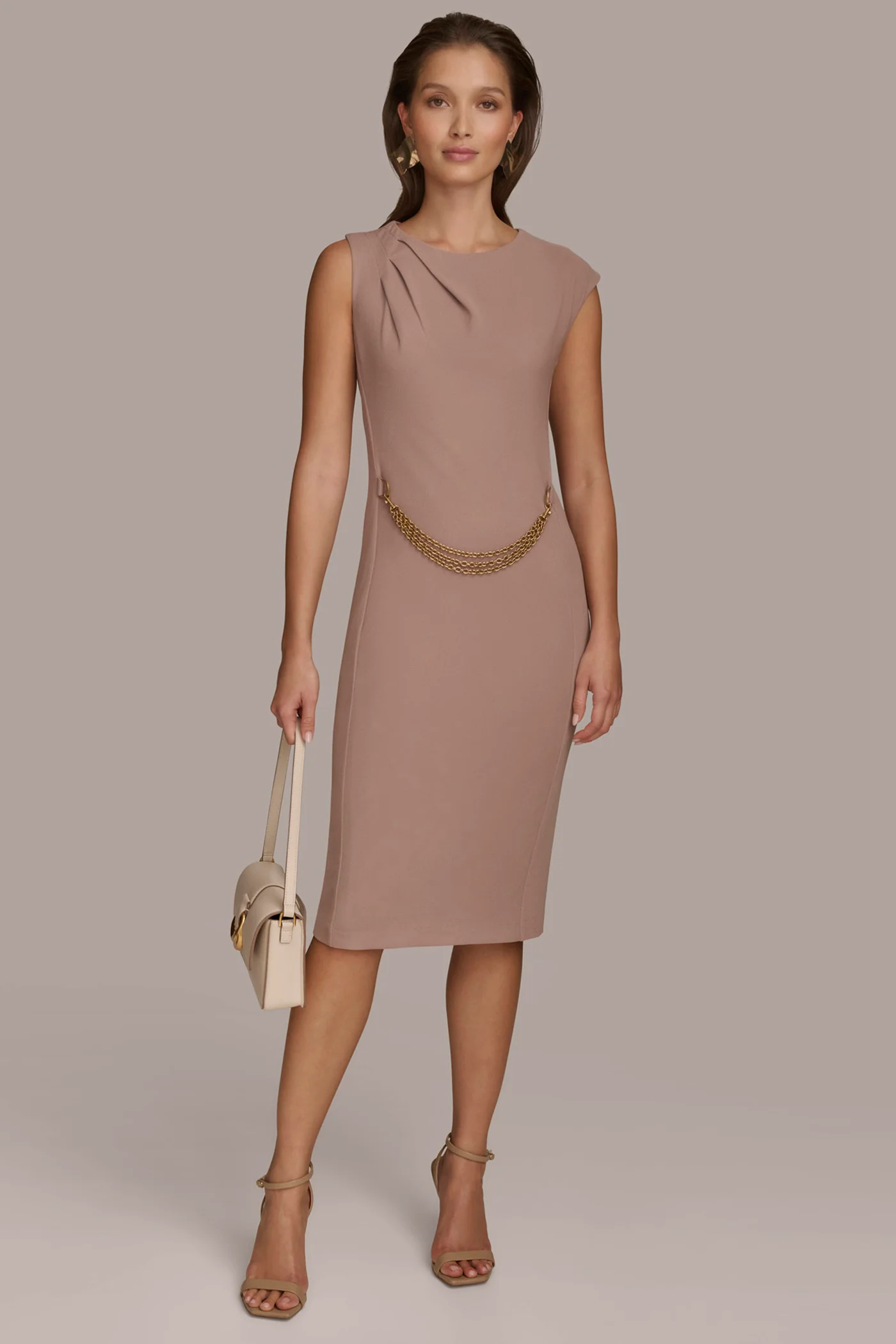 PLEATED SHOULDER DRESS WITH CHAIN BELT