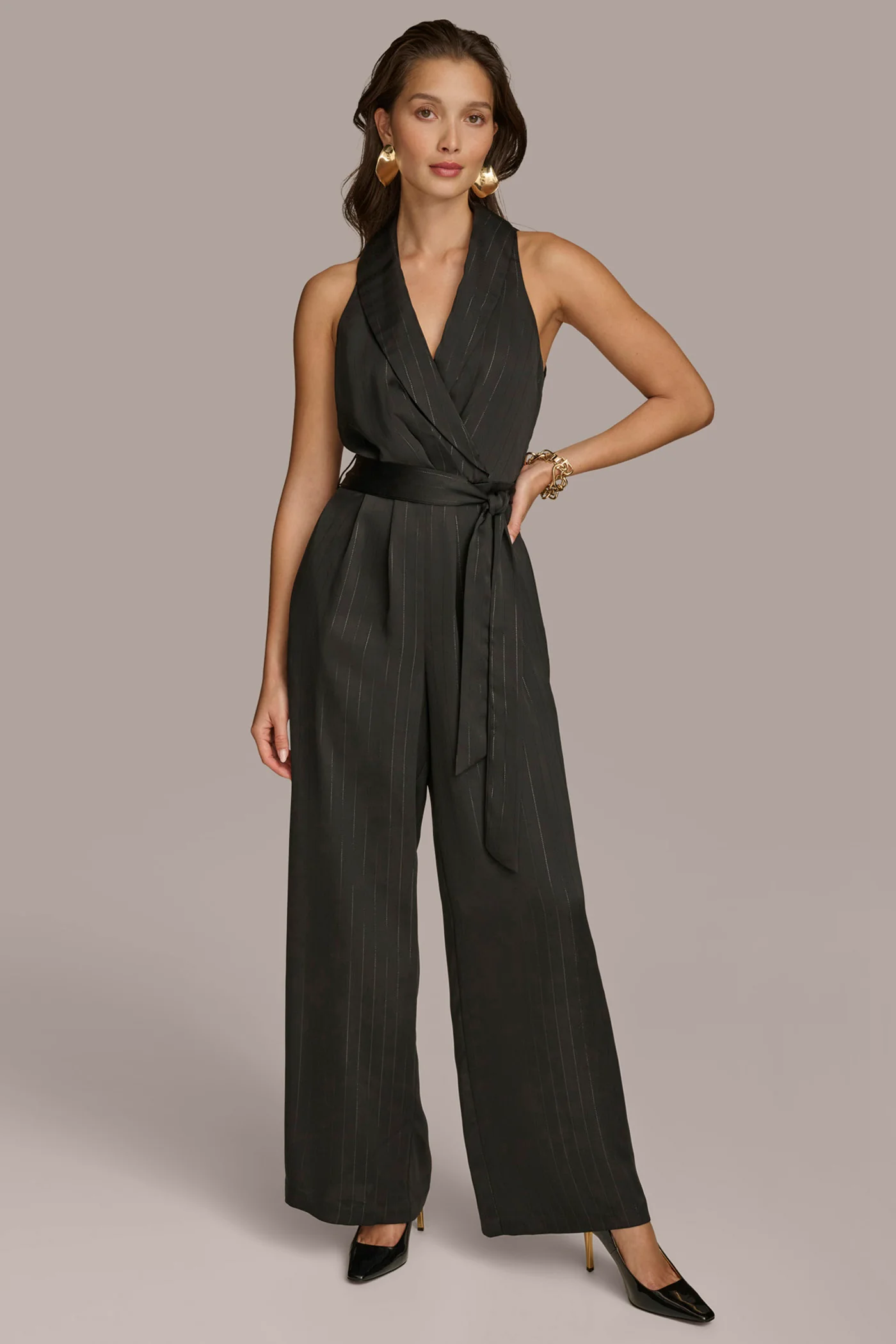 VNECK PINSTRIPE JUMPSUIT