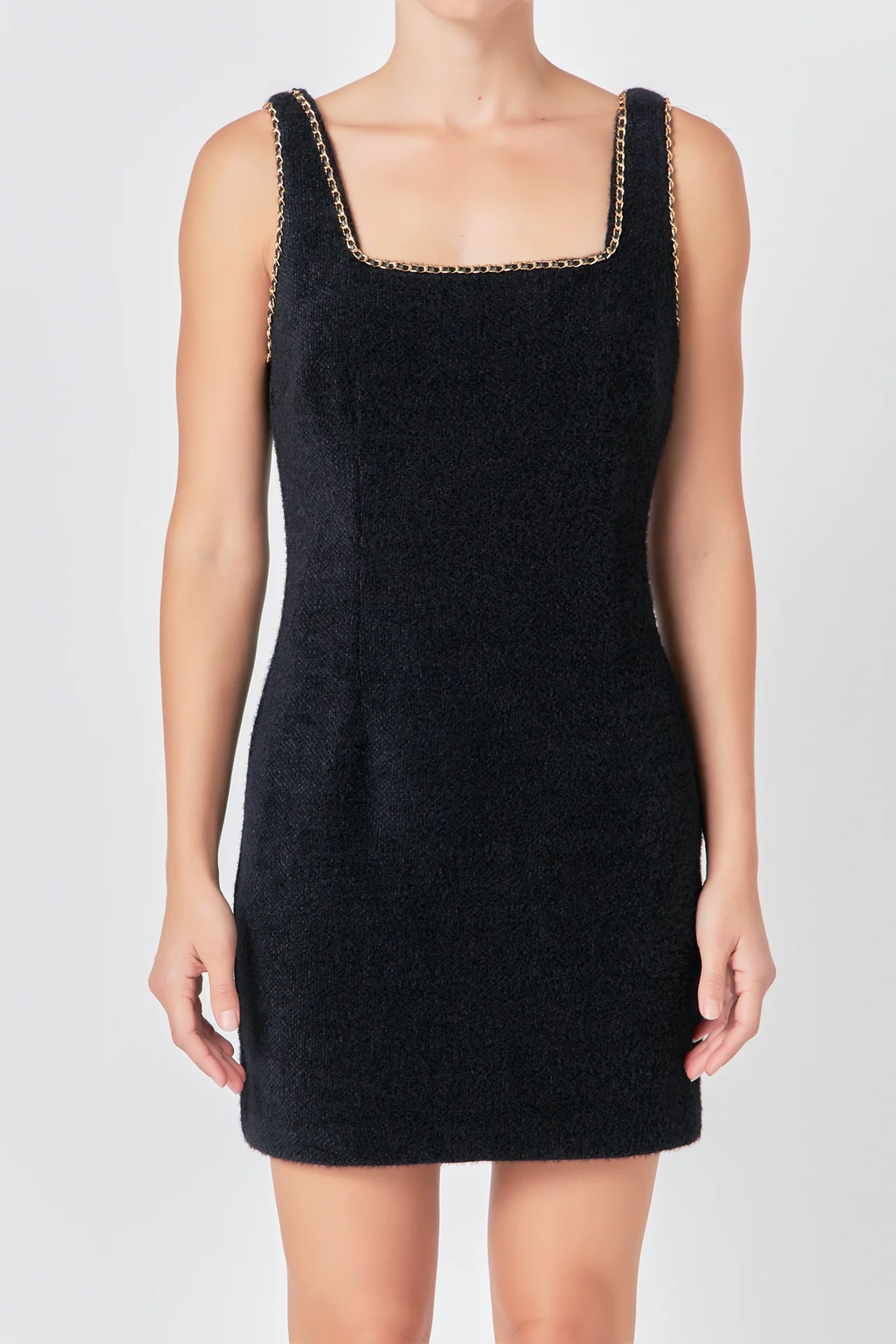 Chain Trimmed Square Neckline Mini Dress