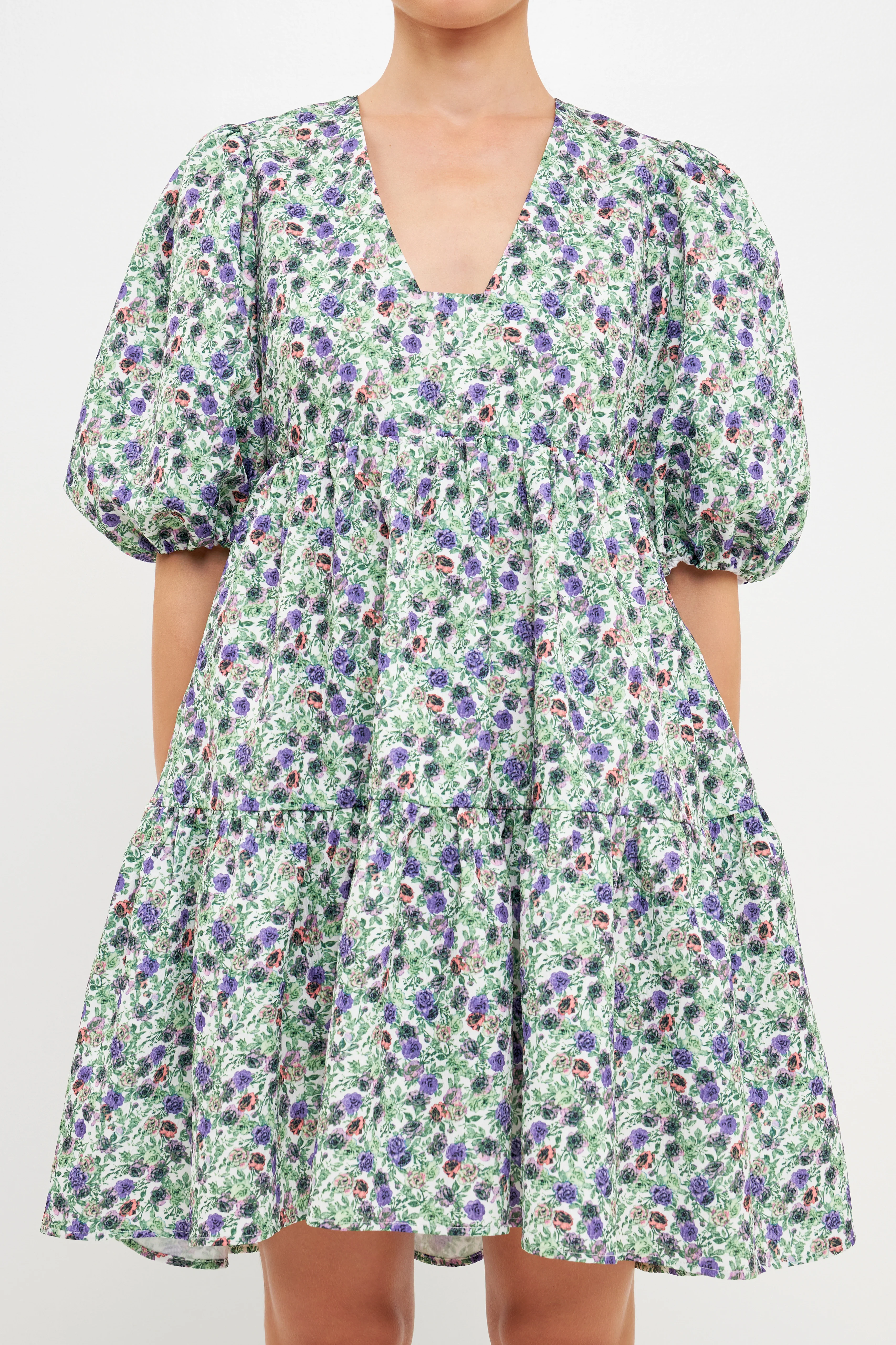 Floral Puff Sleeve Jacquard High Low Dress
