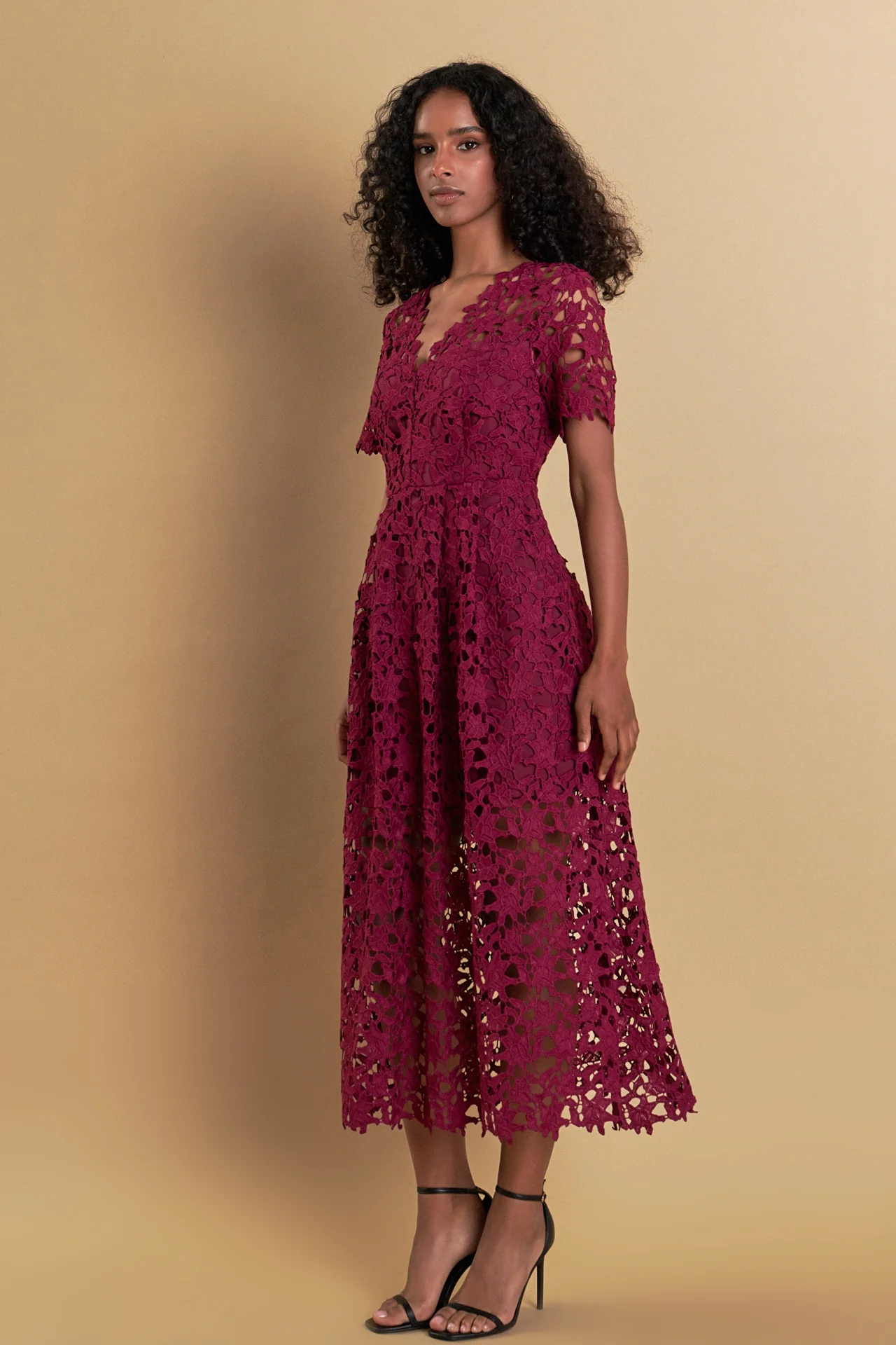 All Over Lace Short Sleeves Midi Dress