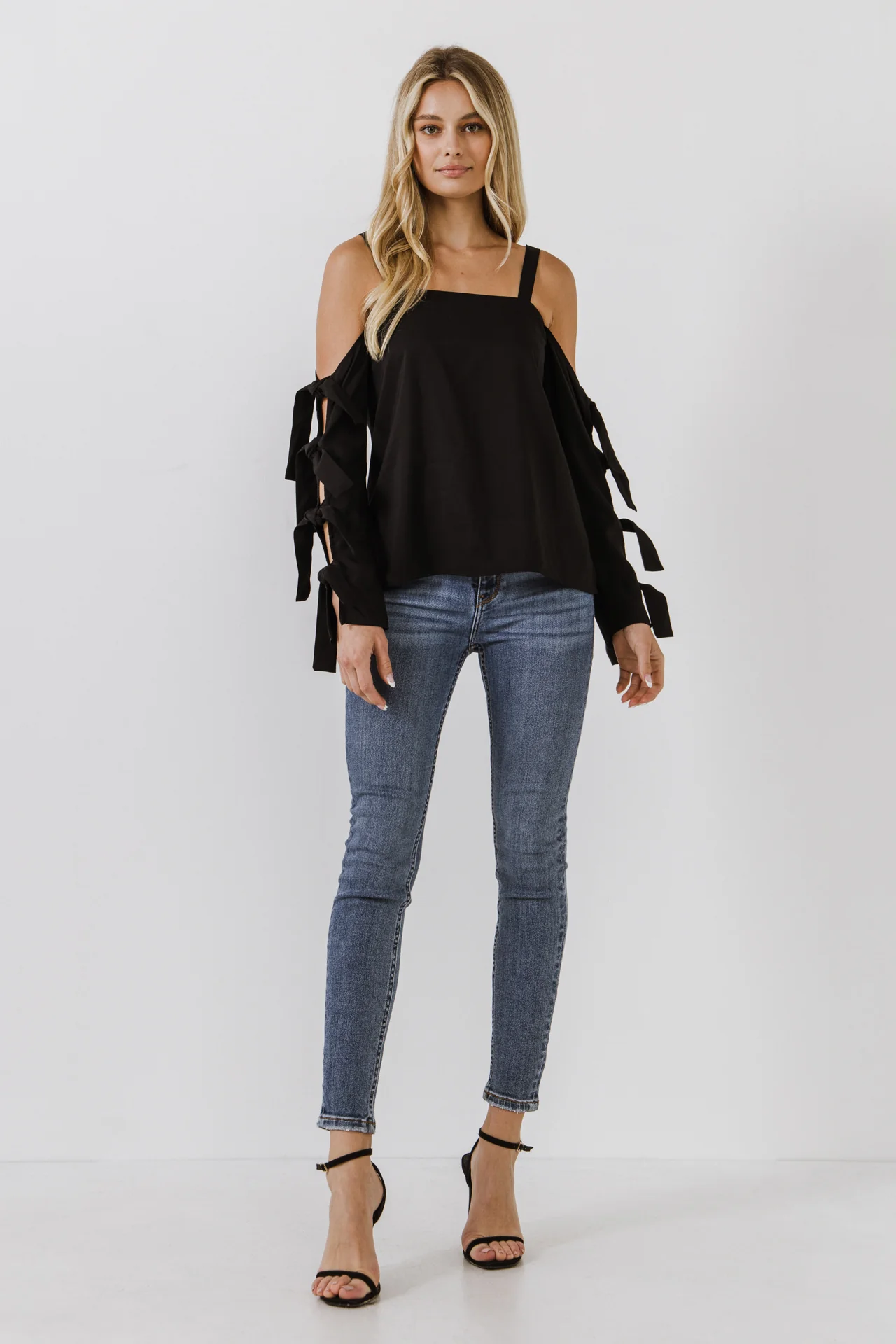 Cold Shoulder Top with Tied Ribbon Sleeve