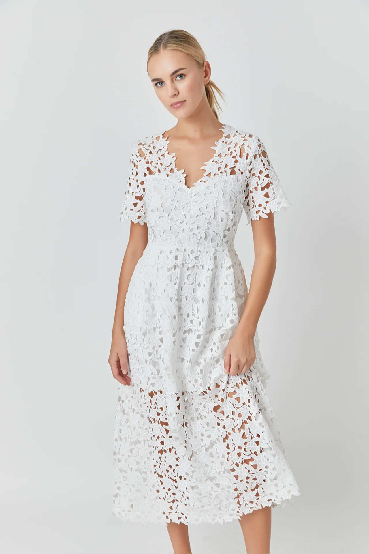 All Over Lace Short Sleeves Midi Dress