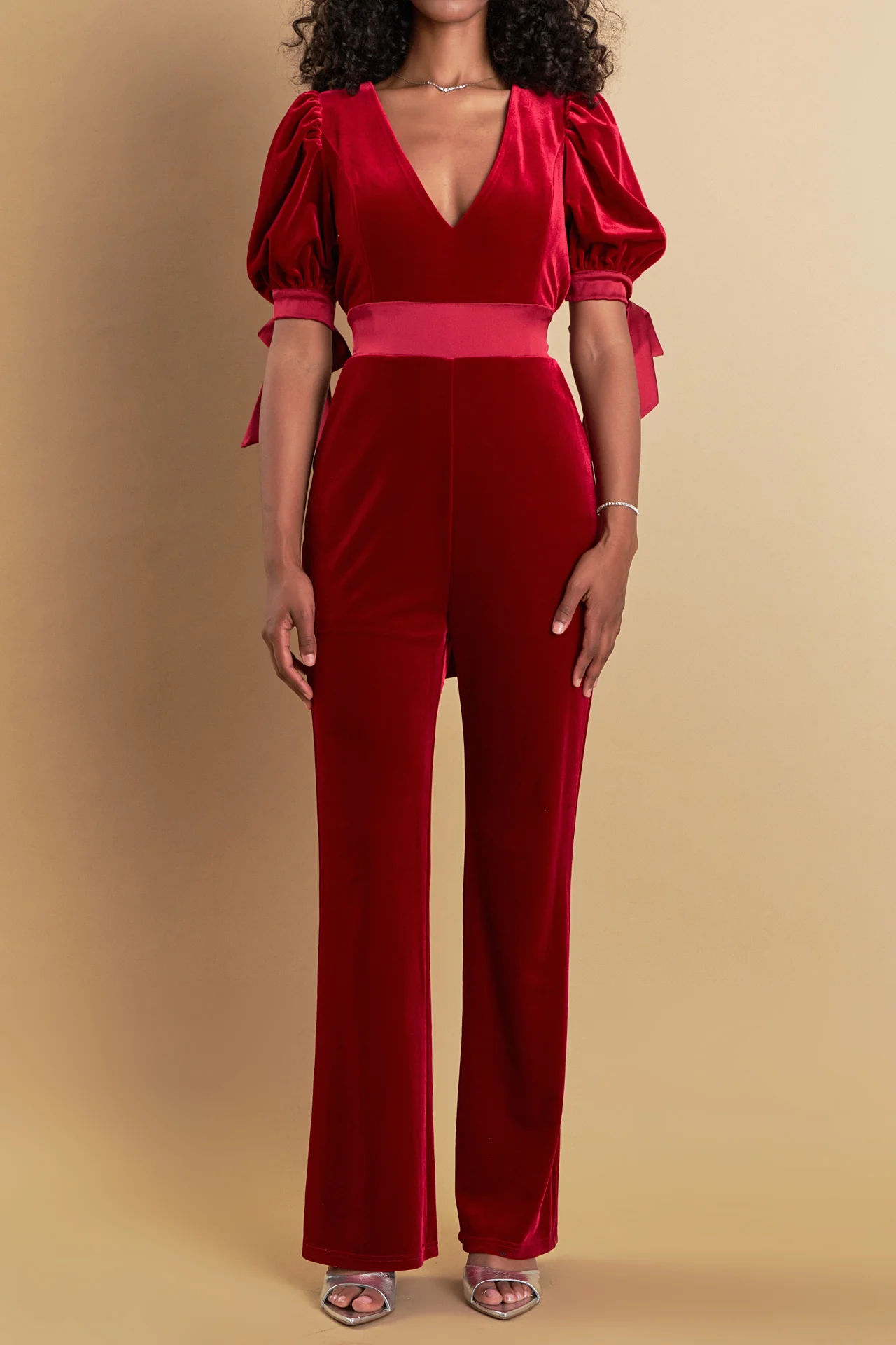 Bow Tie Sleeve Velvet Jumpsuit