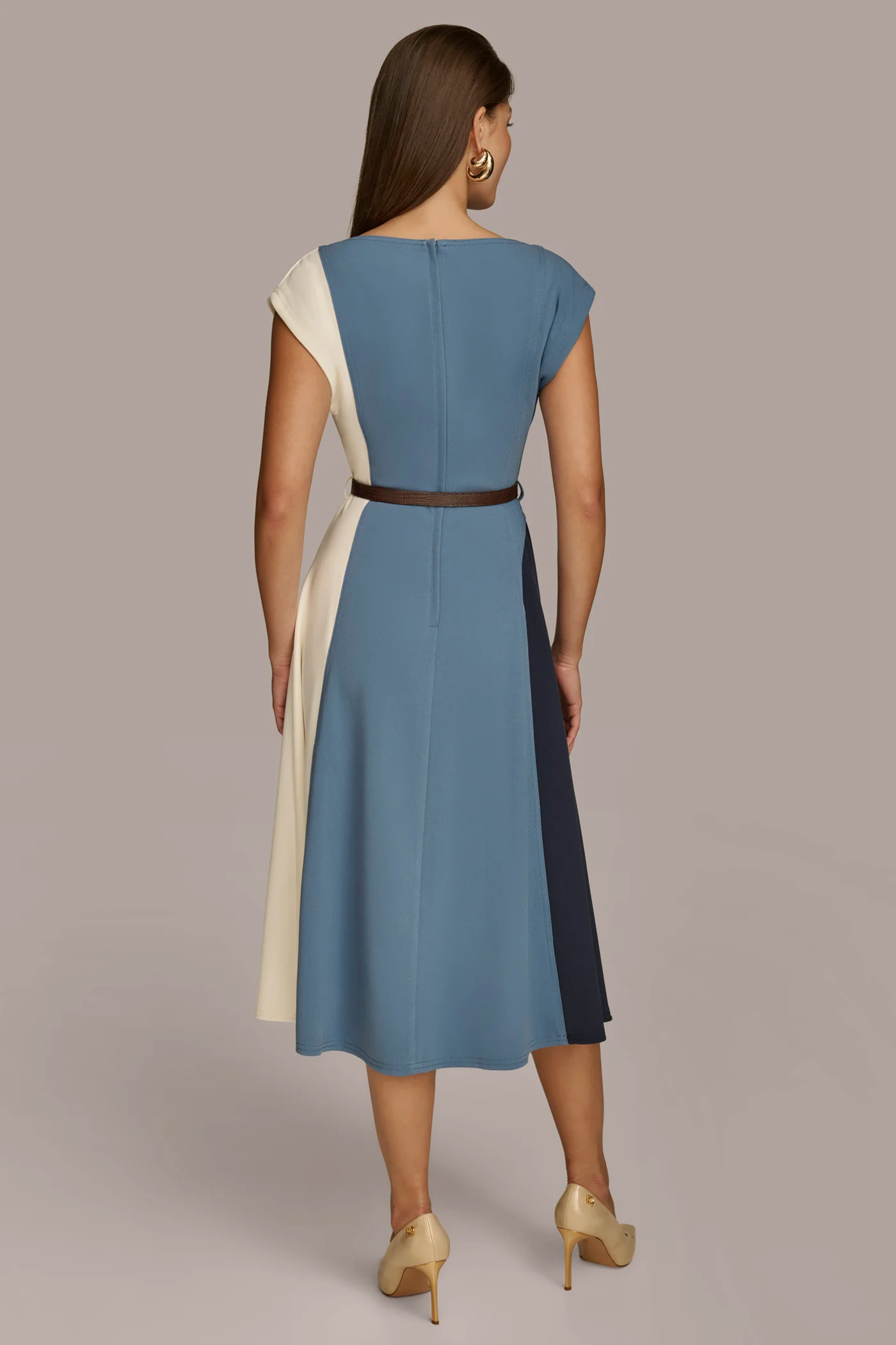 BELTED COLORBLOCK A LINE MIDI DRESS