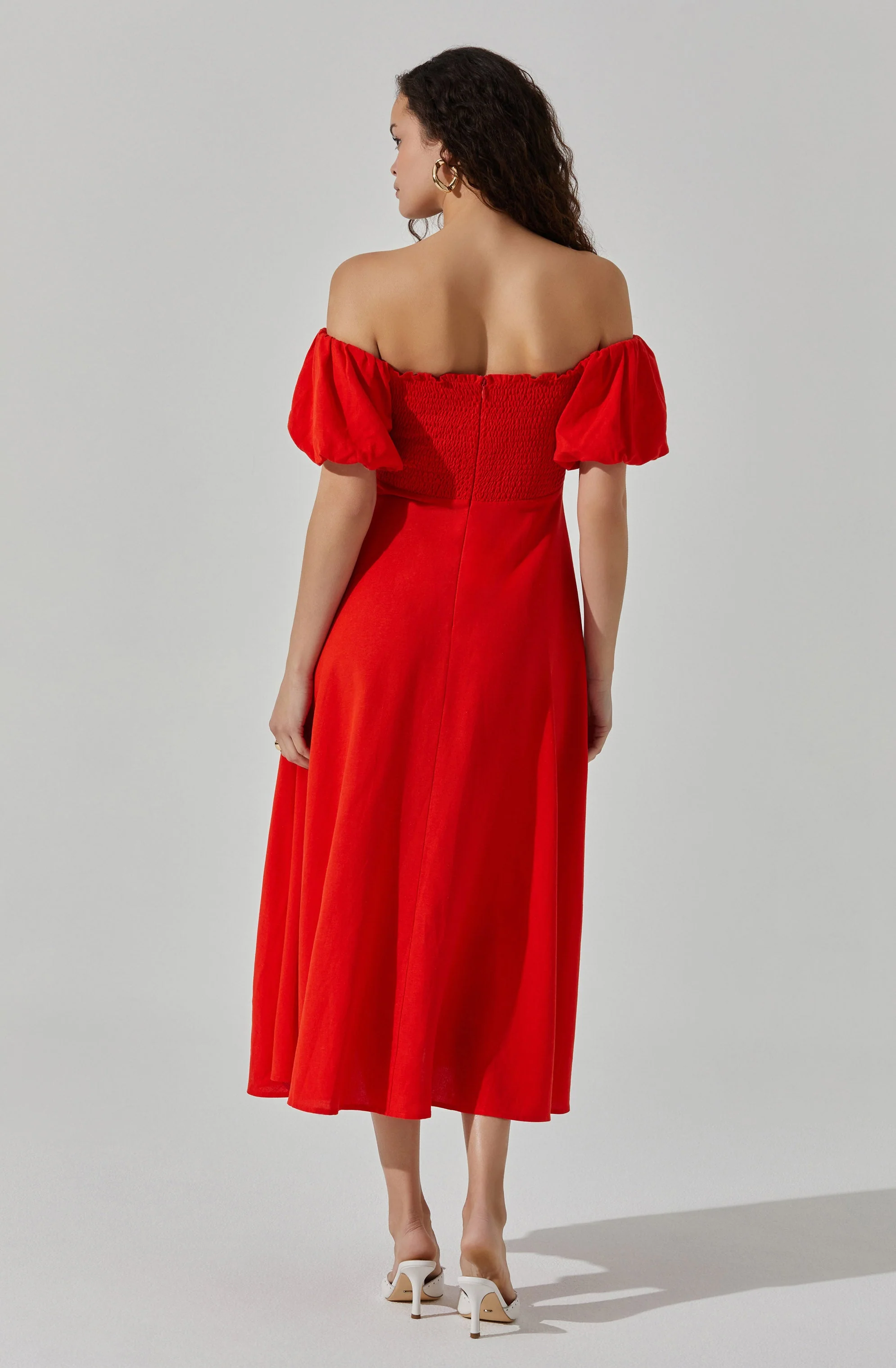 Off Shoulder Puff Sleeve Midi Dress