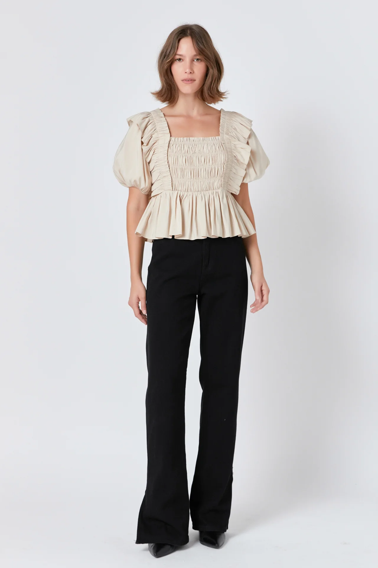 Smocked Puff Sleeve Peplum Crop Top