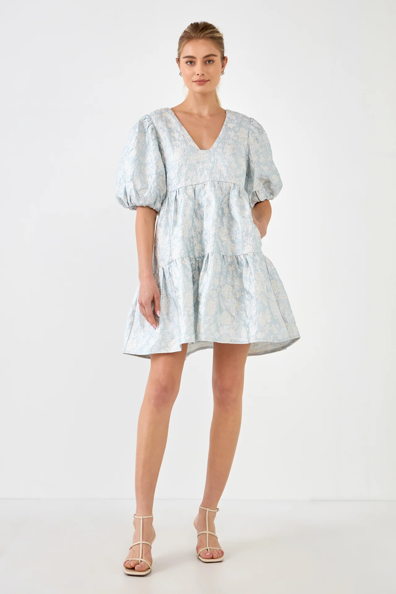 Jacquard Puff Sleeve High Low Dress