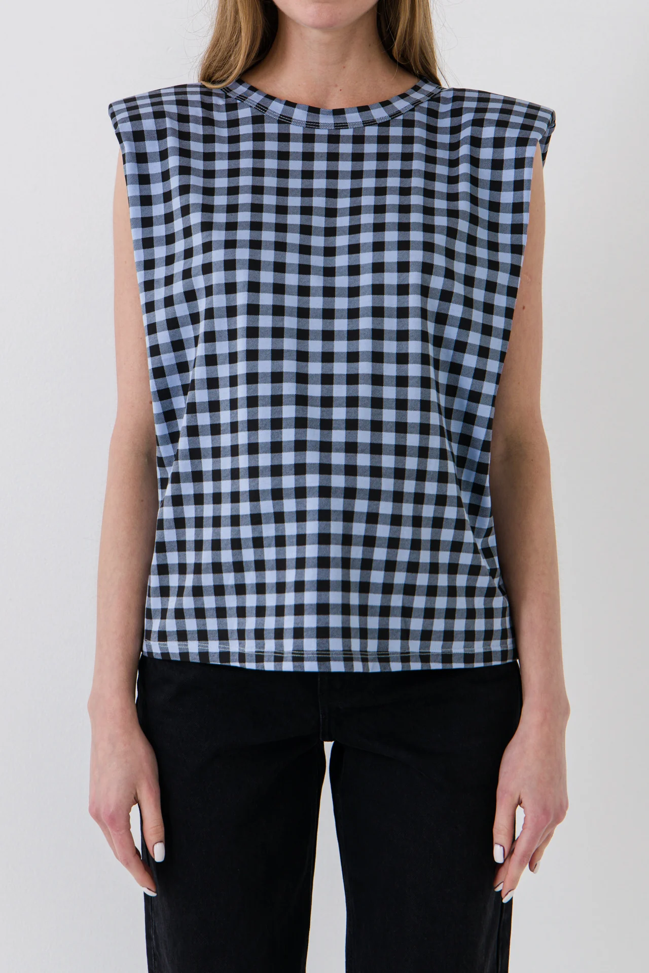 Gingham Print Shoulder Pad T-Shirt
