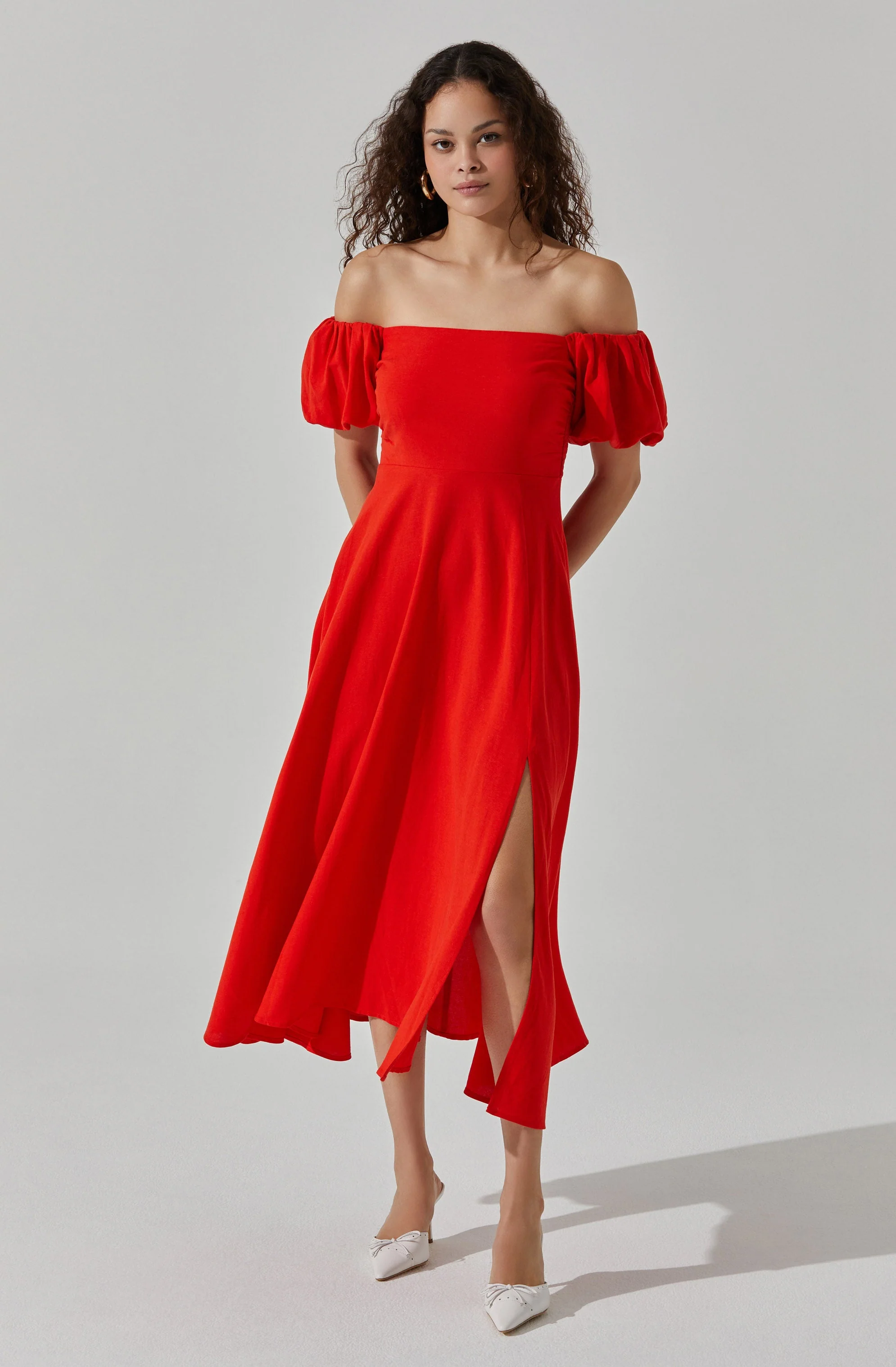 Off Shoulder Puff Sleeve Midi Dress
