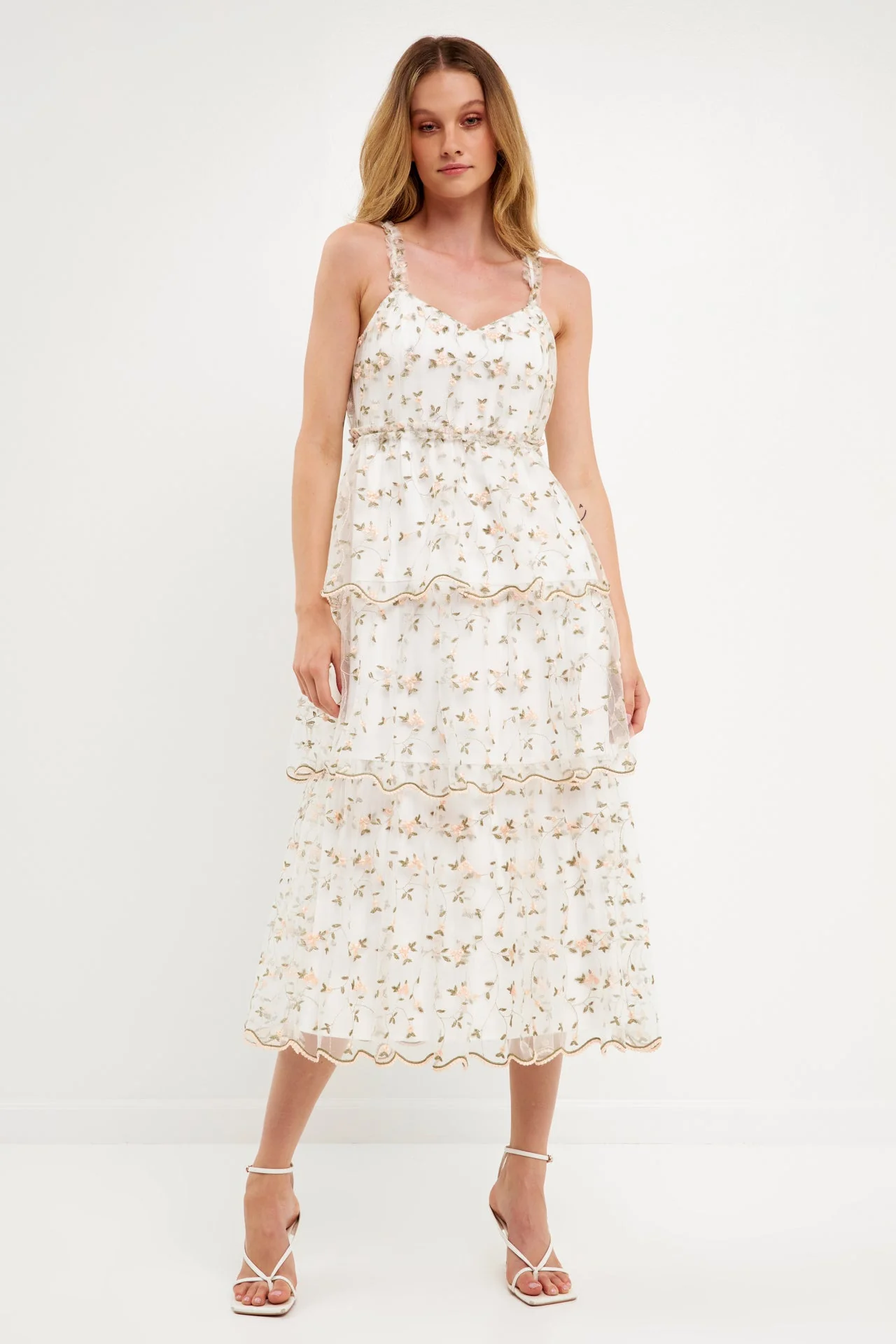 Floral Embroidery Scalloped Hem Tiered Dress