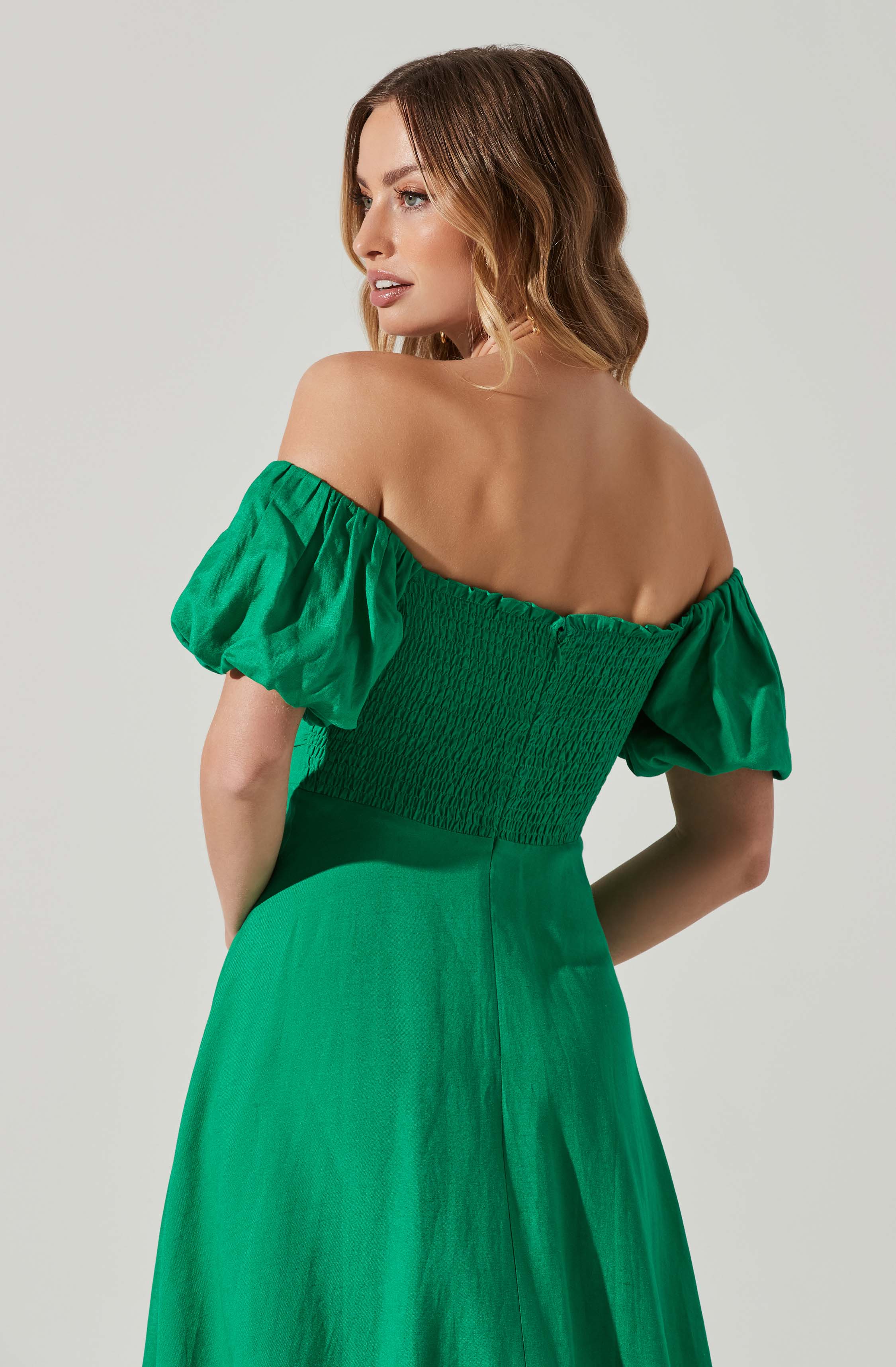Off Shoulder Puff Sleeve Midi Dress