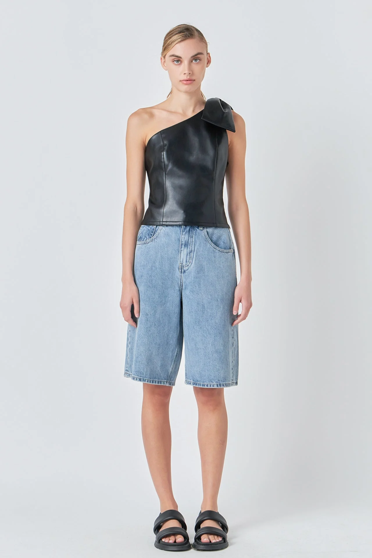 Asymmetric Faux Leather Top with Bow Tie
