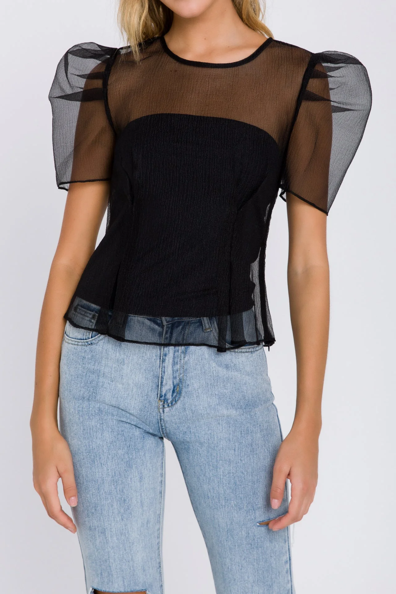 Mesh Puff Short Sleeve Top