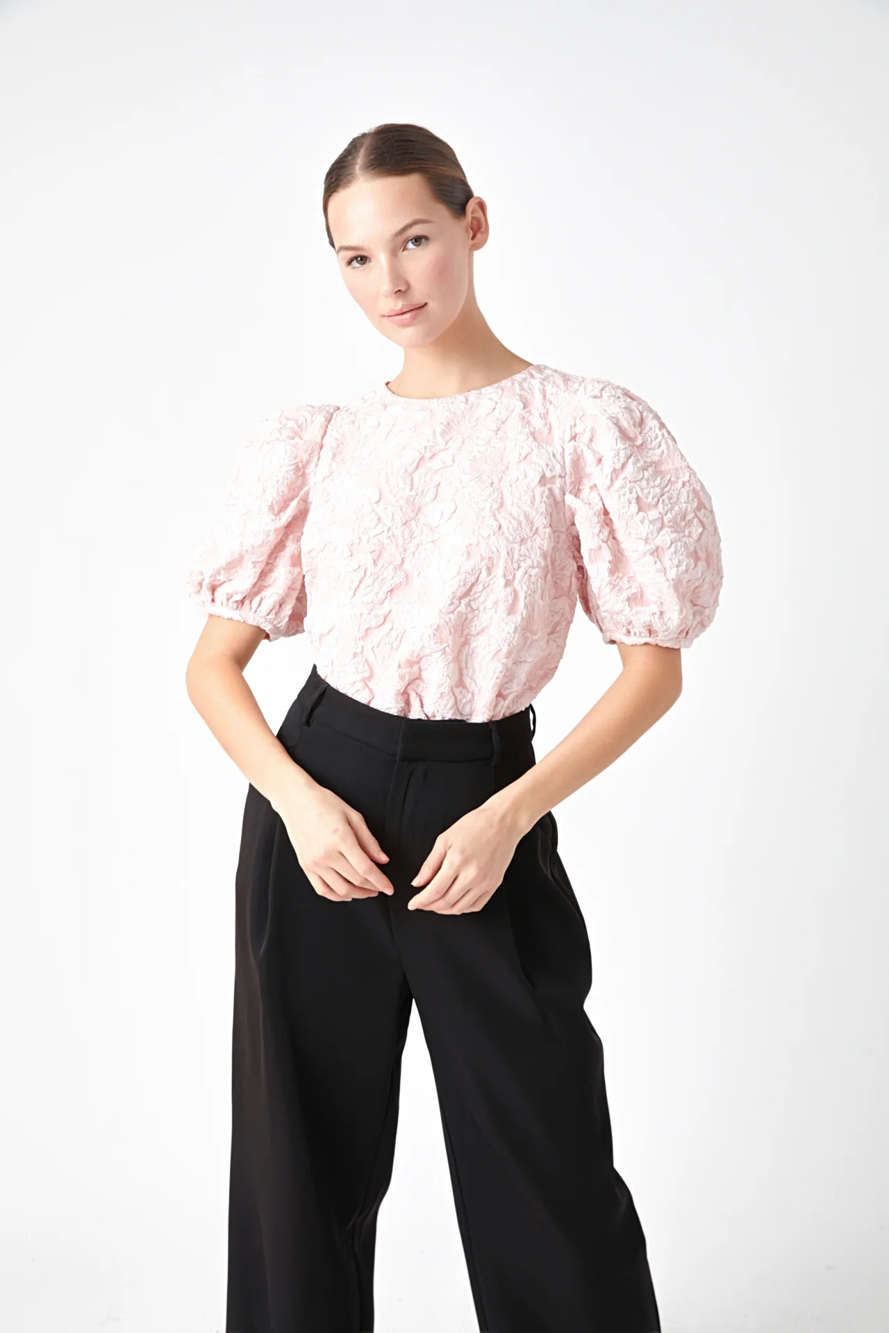 Floral Jacquard Puff Sleeve Top