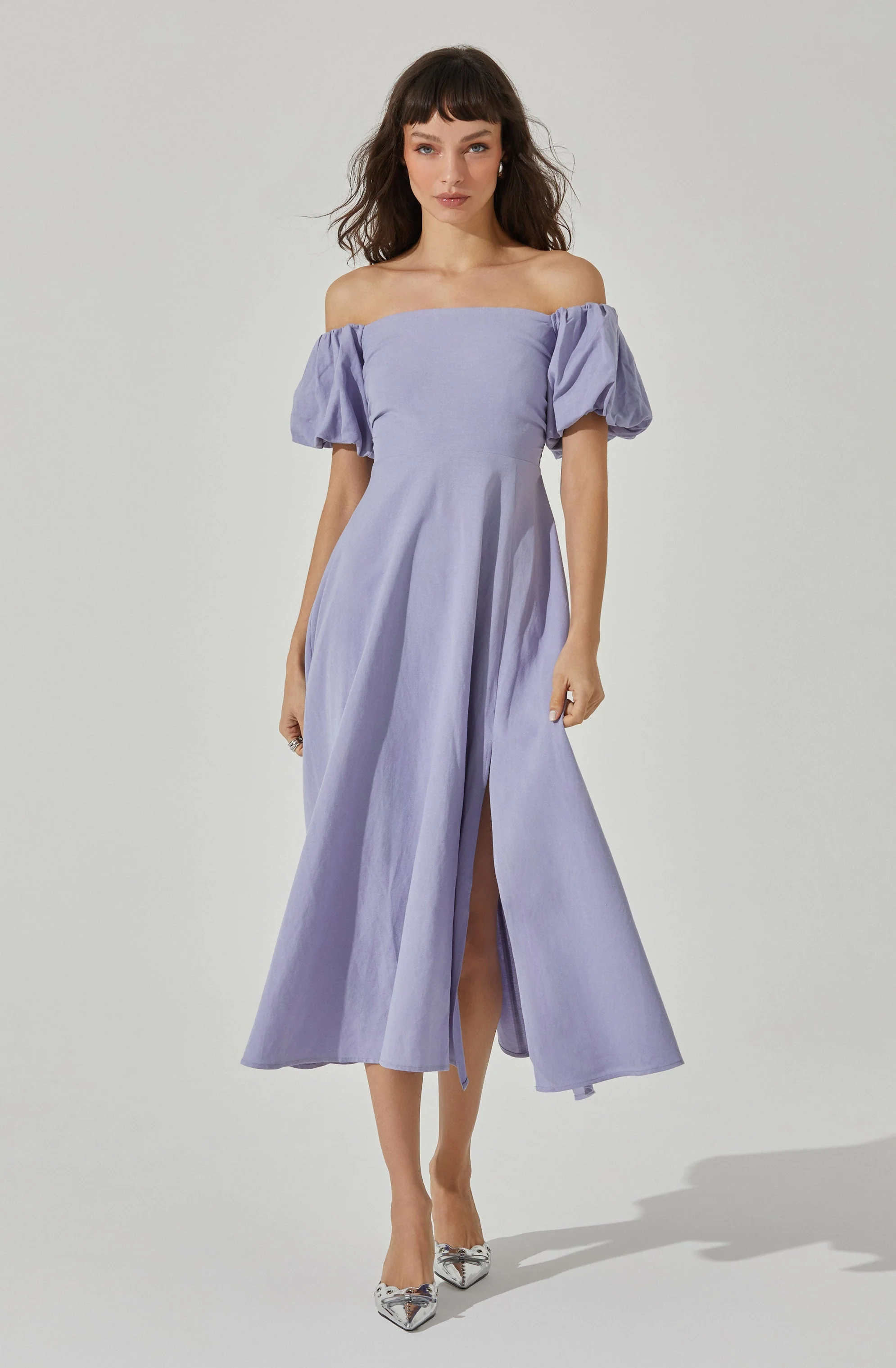 Off Shoulder Puff Sleeve Midi Dress