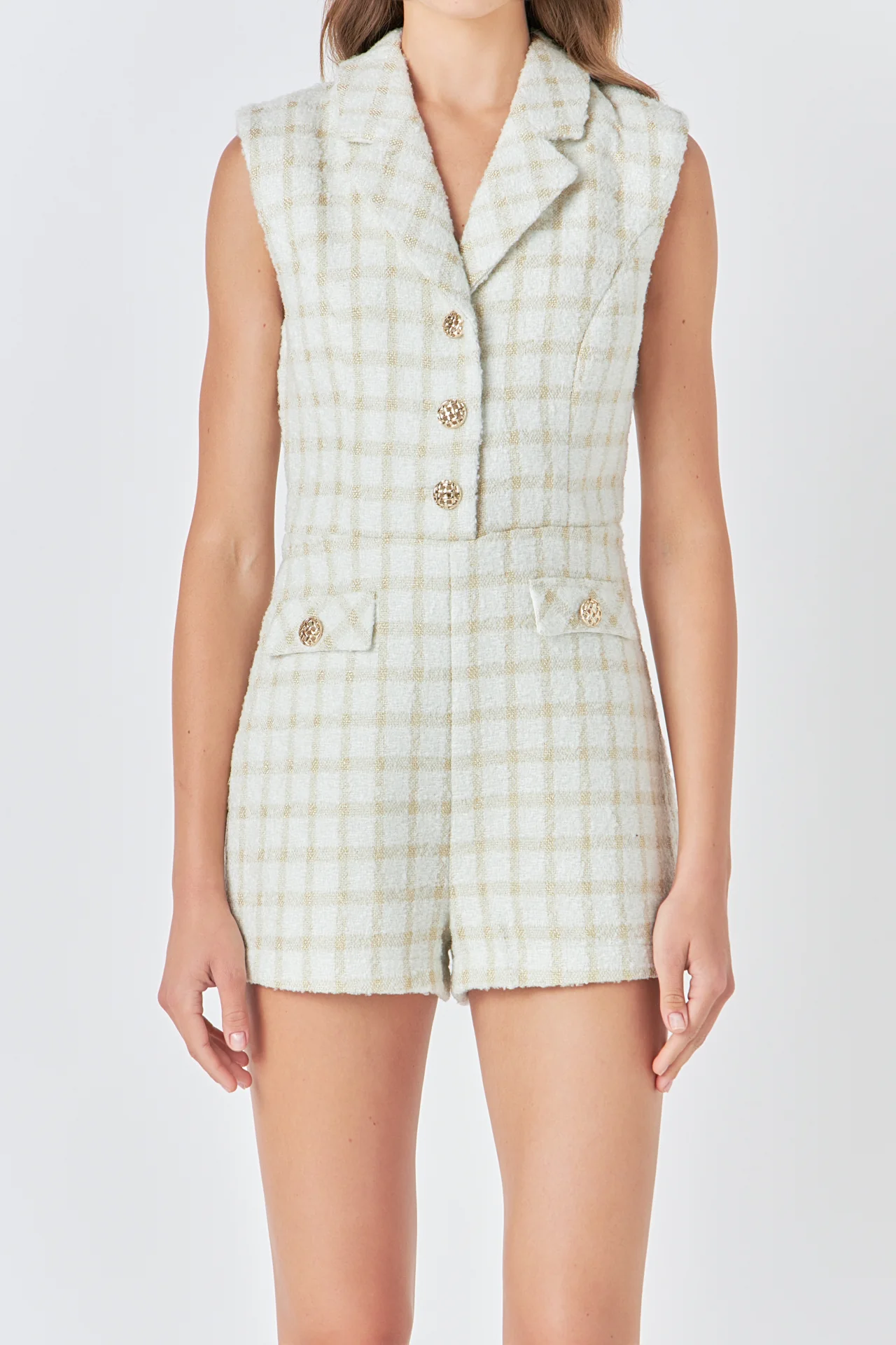 Sleeveless Tweed Suited Romper
